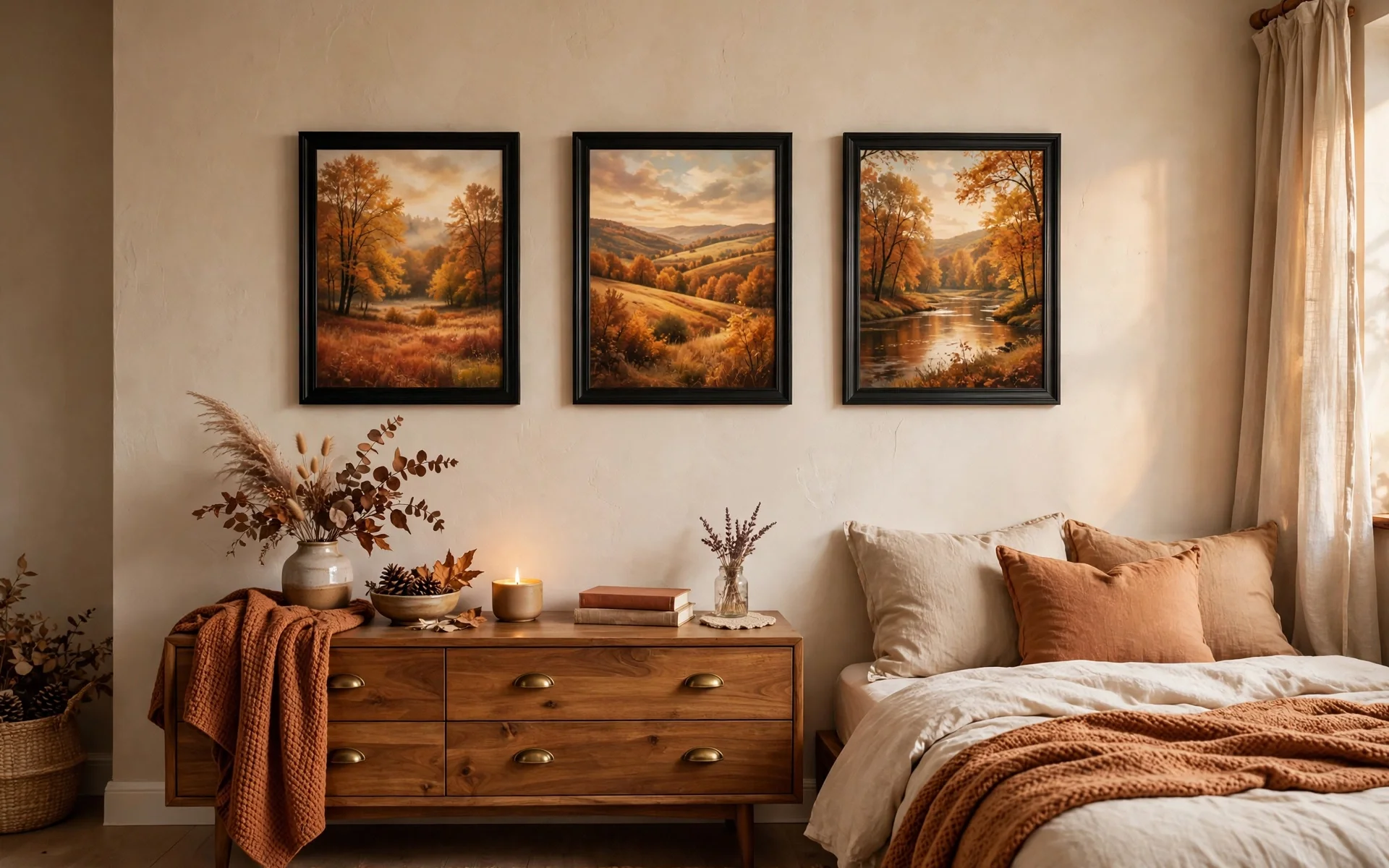 Fall bedroom decor ideas featuring warm autumn art prints on the bedroom wall