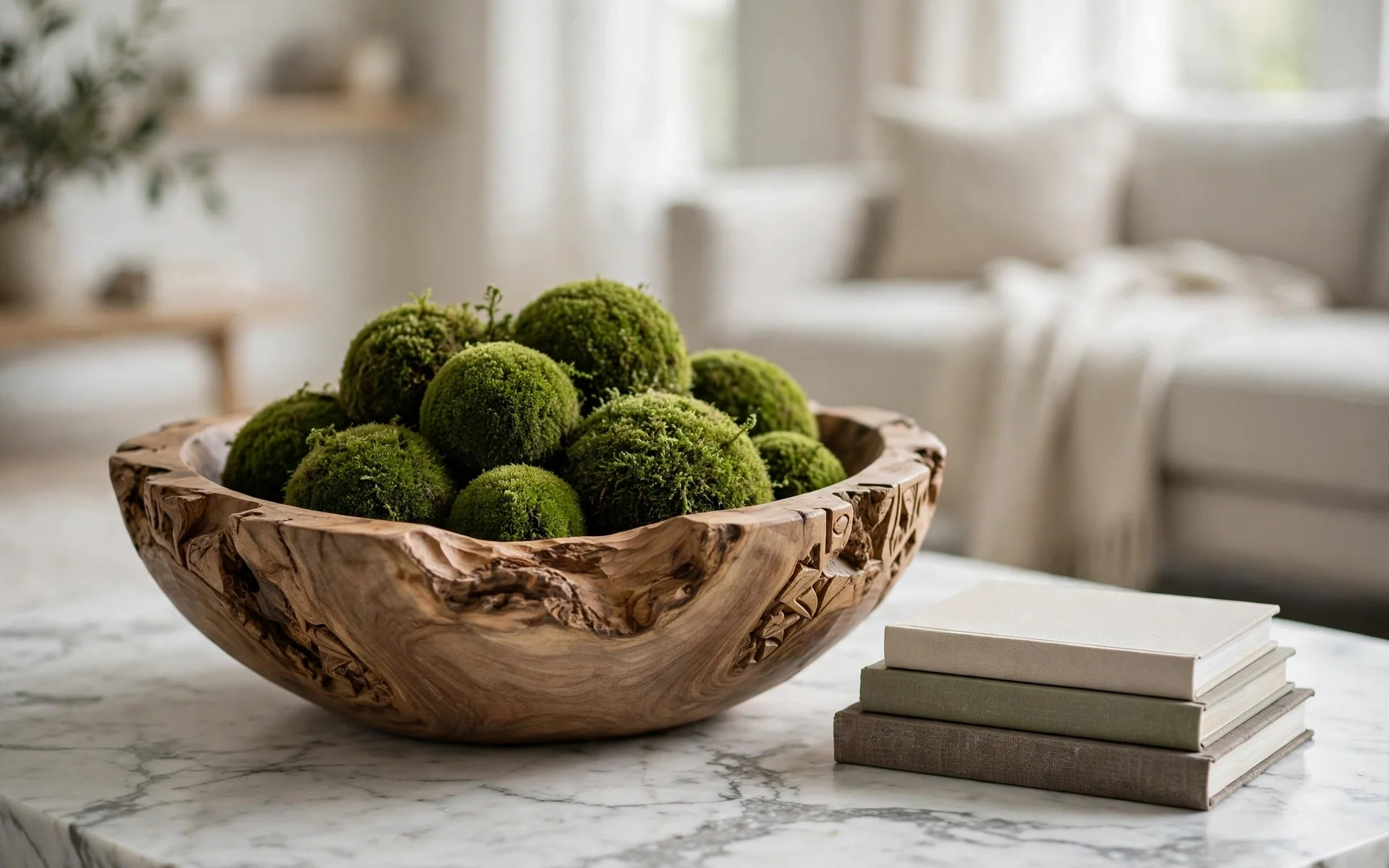 Marble coffee table ideas with a natural wooden bowl filled with moss balls