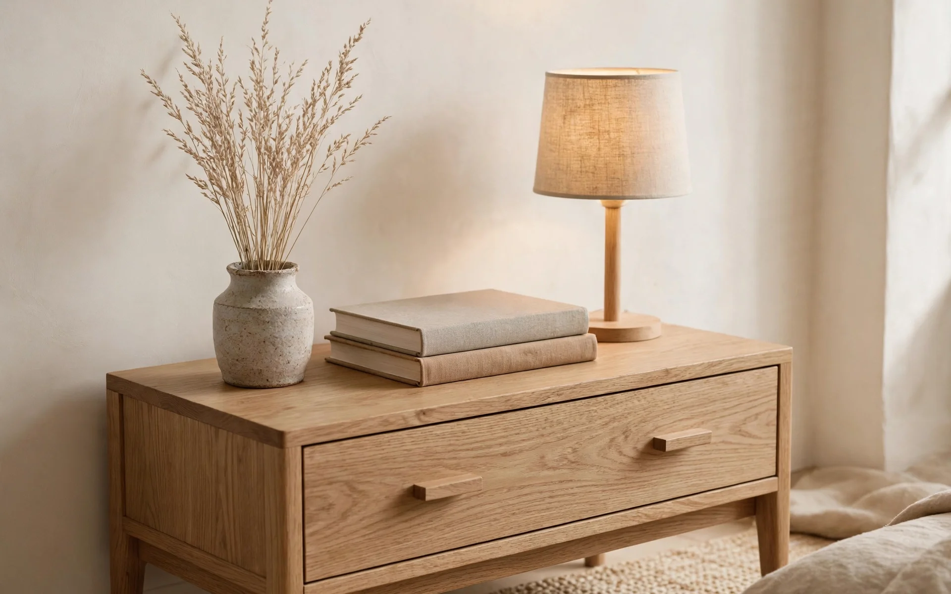 Warm minimalist bedroom ideas with a styled oak nightstand holding a lamp, books, and a vase