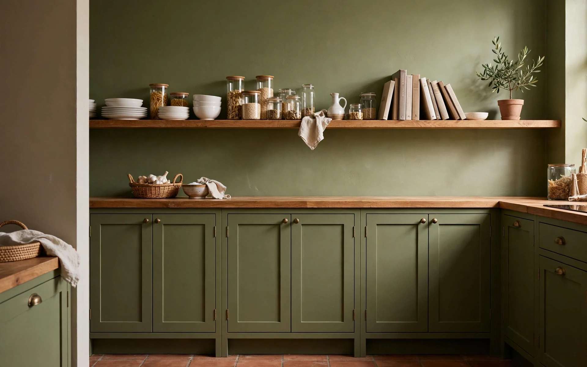 Olive green kitchen ideas with open wood shelves and white dishes against an olive wall