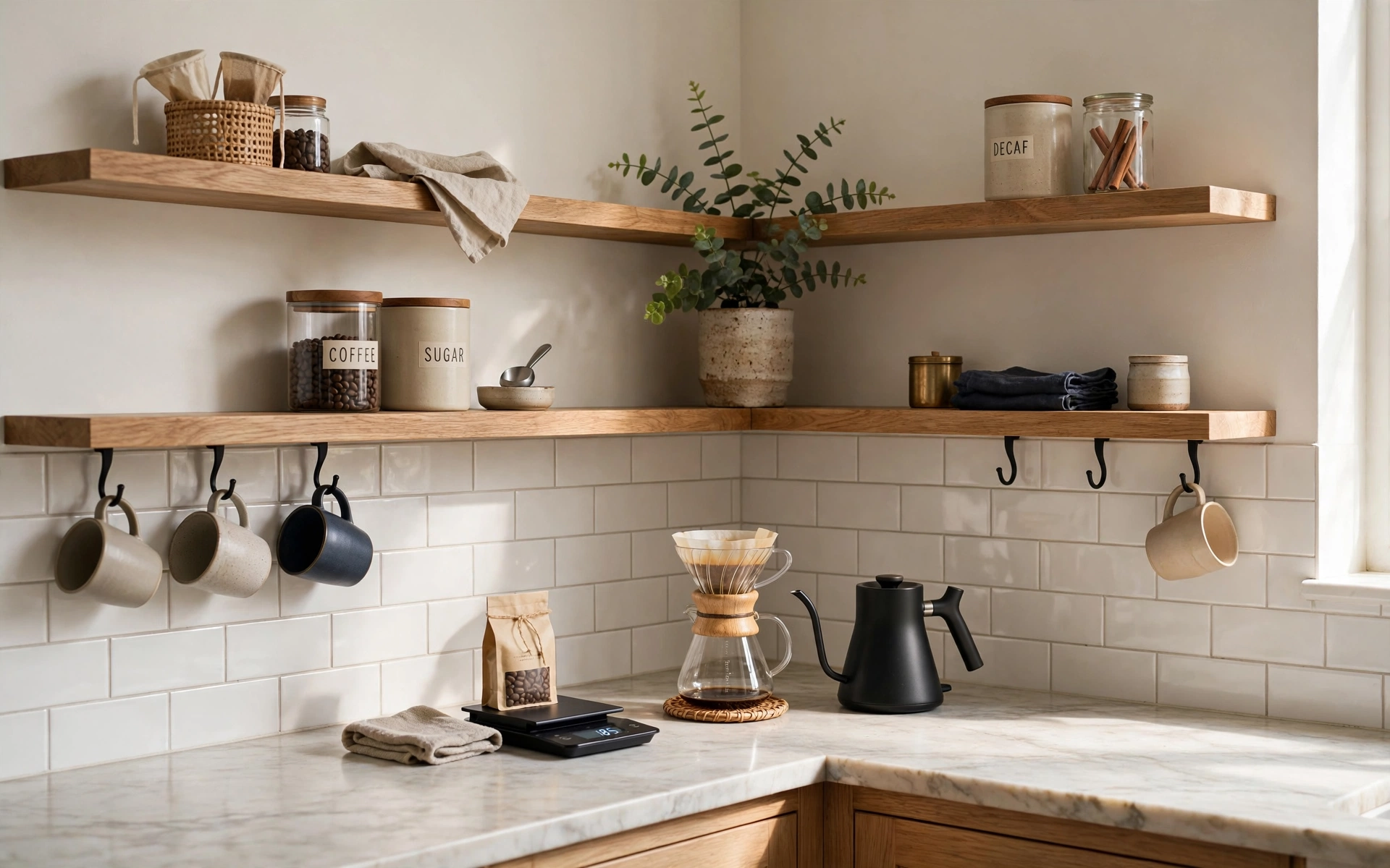 Open shelf kitchen ideas with a corner coffee station on L-shaped shelves with hanging mugs