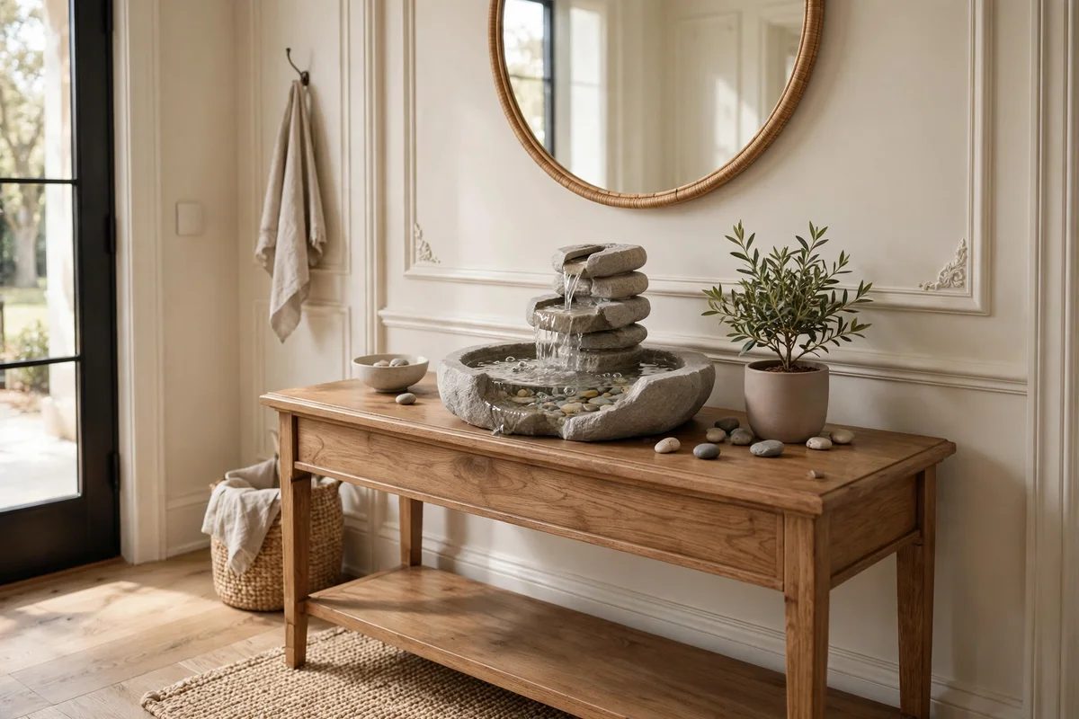 Biophilic decor ideas — a stone tabletop fountain with flowing water on a wooden console table