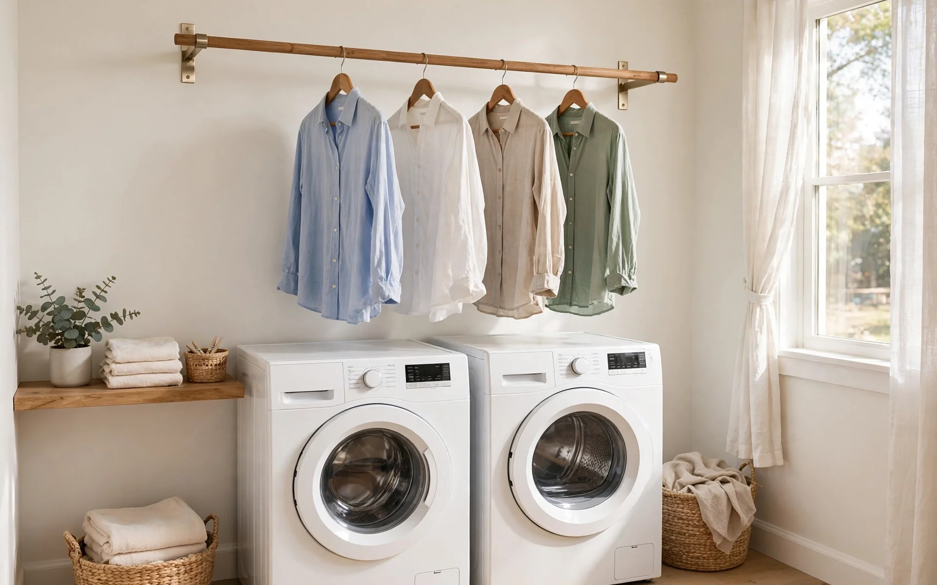 Wall-mounted drying rod with shirts on hangers in a laundry room, practical small laundry room ideas