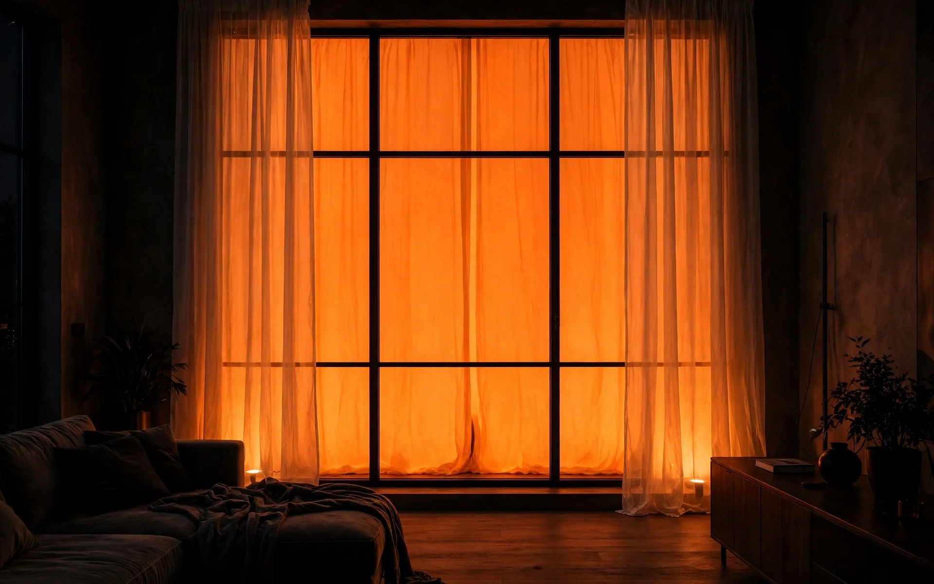 Halloween window decor ideas with amber uplighting glowing behind sheer curtains for a jack-o'-lantern effect