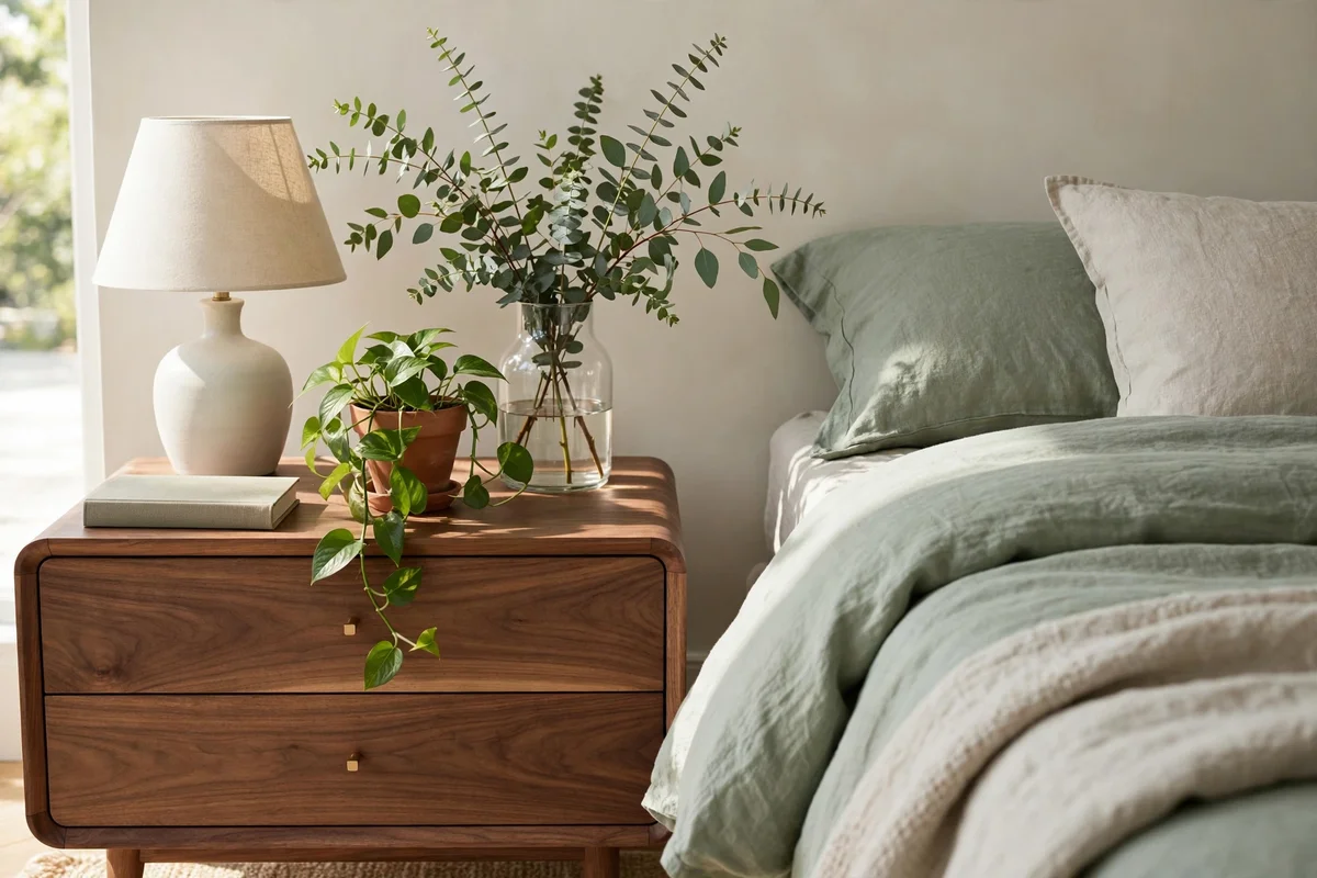 Bedside table styling ideas with greenery: eucalyptus sprigs and a potted pothos plant