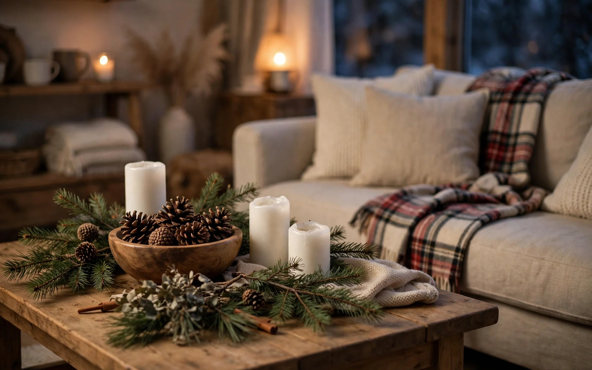 Winter coffee table styling ideas with pine branches, pinecones in a wooden bowl and white candles