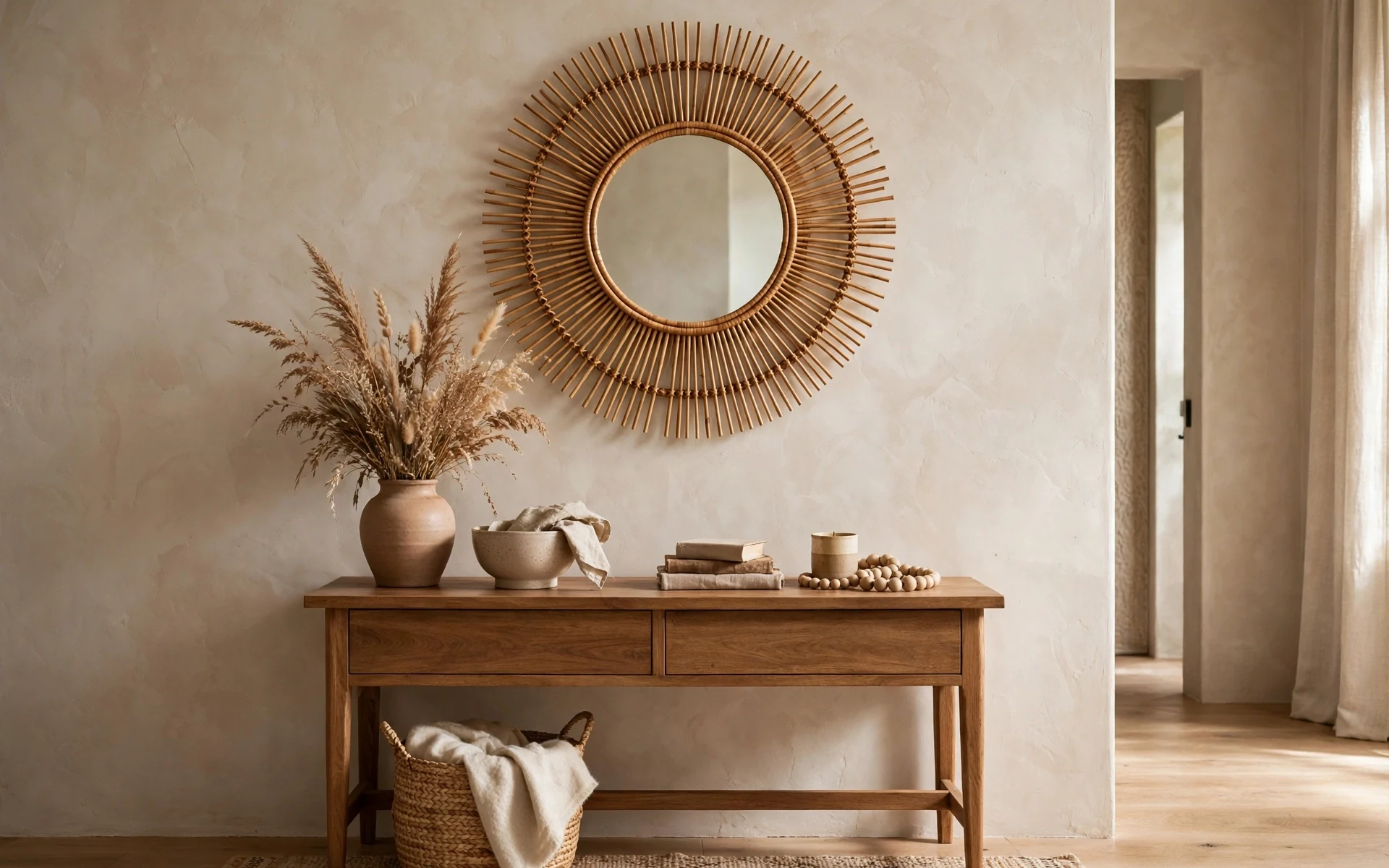 Rattan decor ideas with a round rattan mirror above a wooden console table
