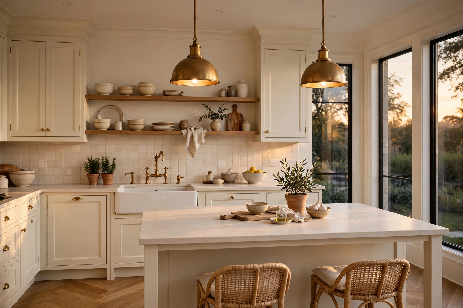 Cream kitchen ideas: unlacquered brass faucet and brass pendant lights in a cream kitchen