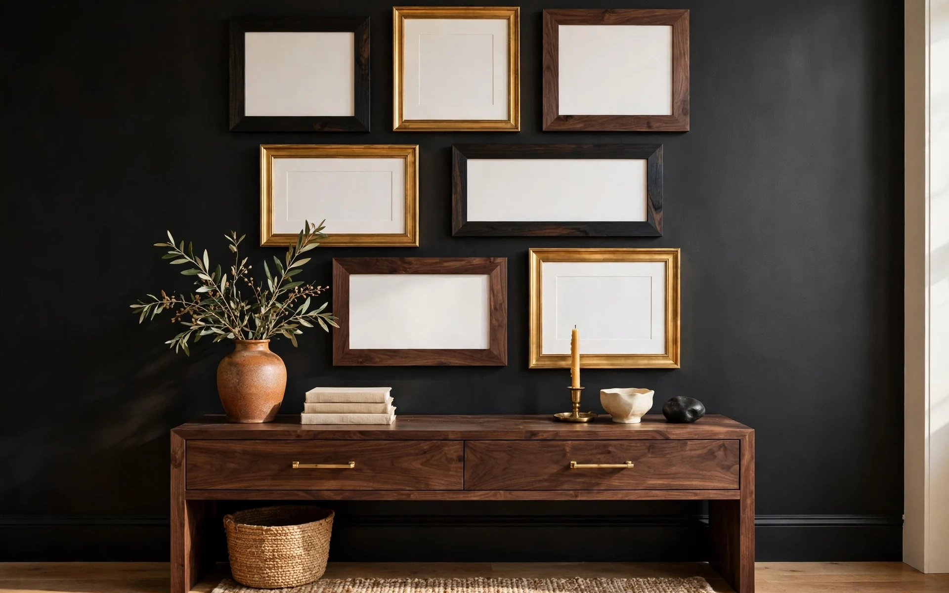 Black accent wall ideas with a mixed-frame gallery wall and white mats above a console