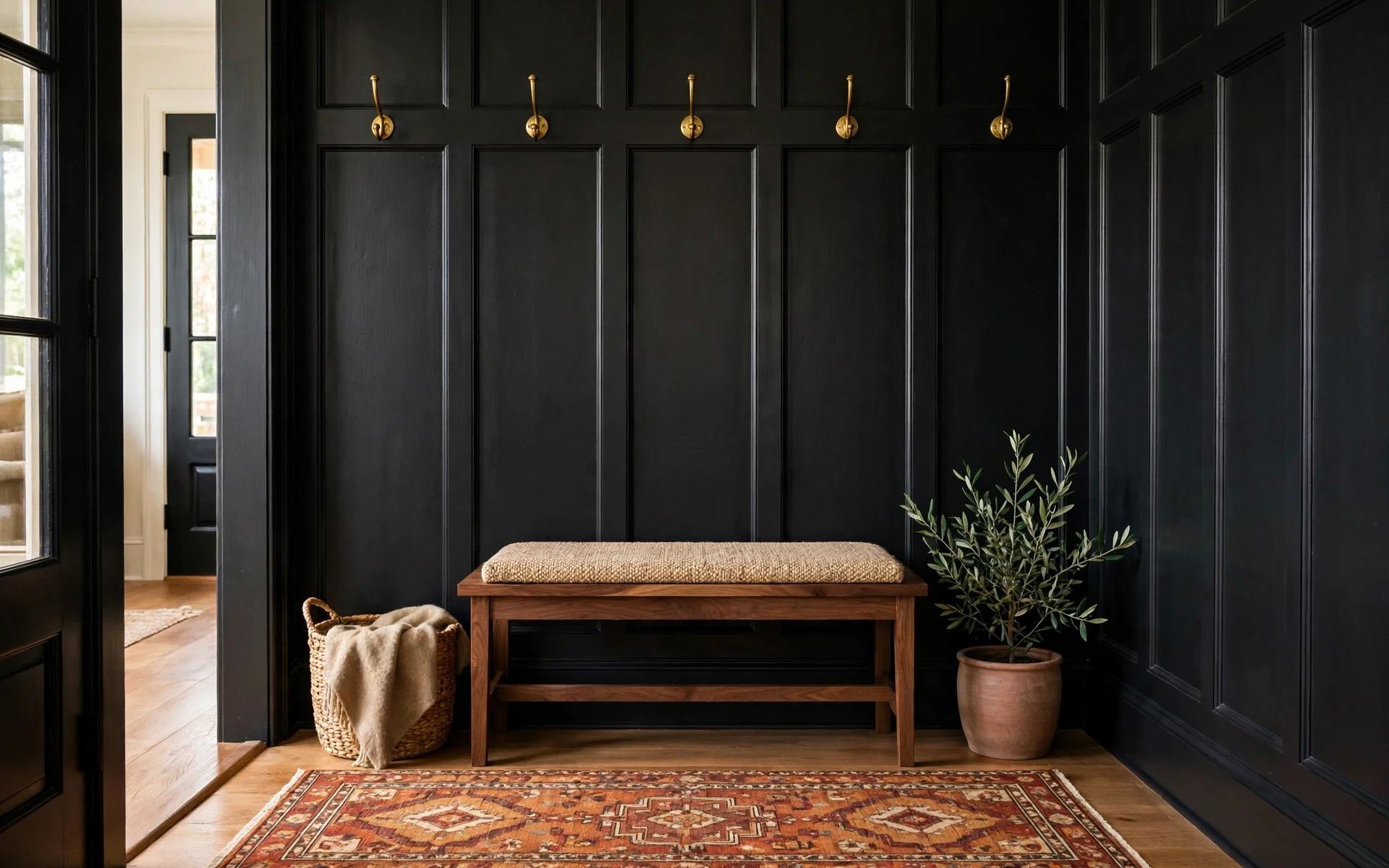 Black accent wall ideas with black board and batten paneling and brass hooks in an entryway