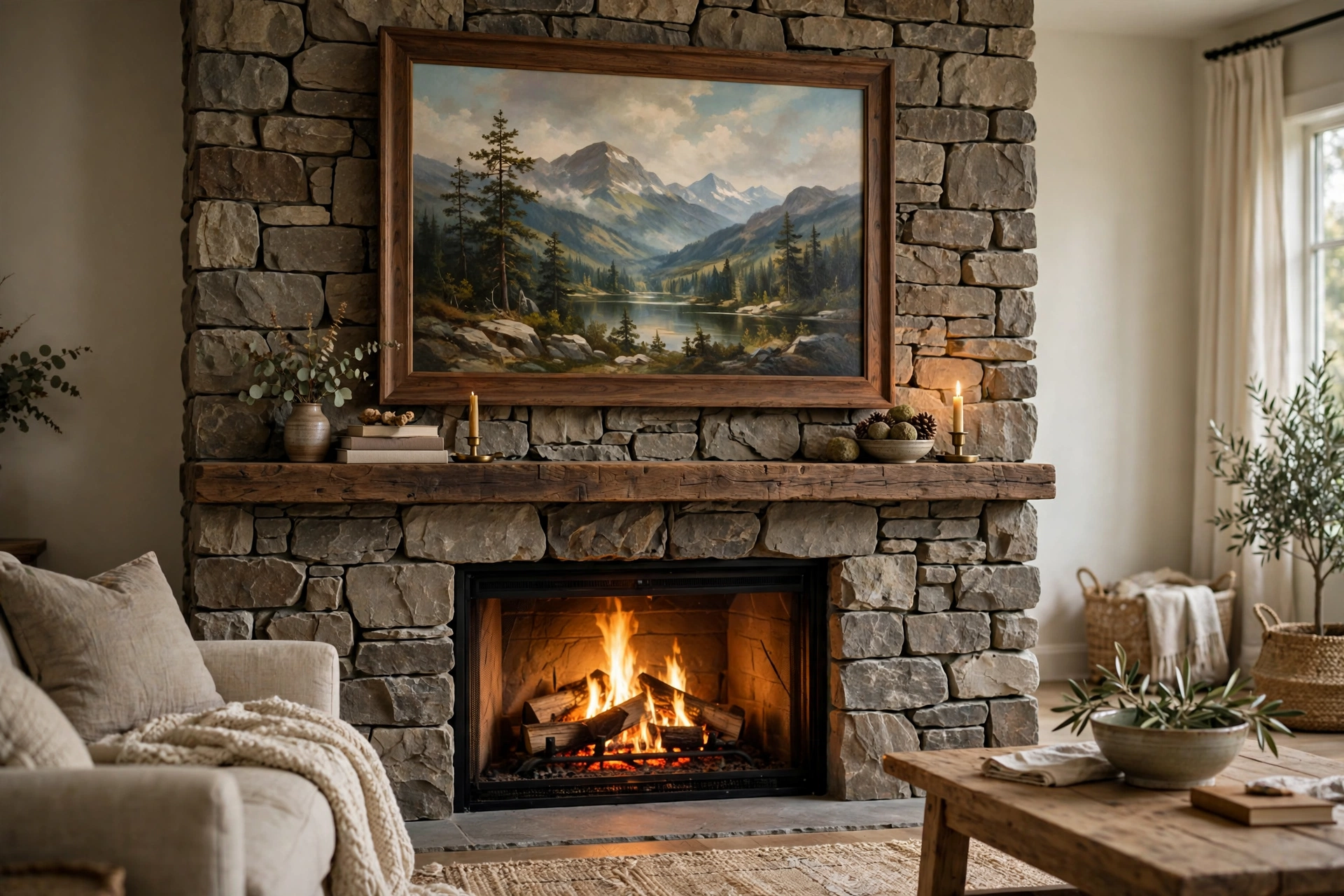 Stone fireplace ideas with one oversized framed landscape hung above a stone mantel