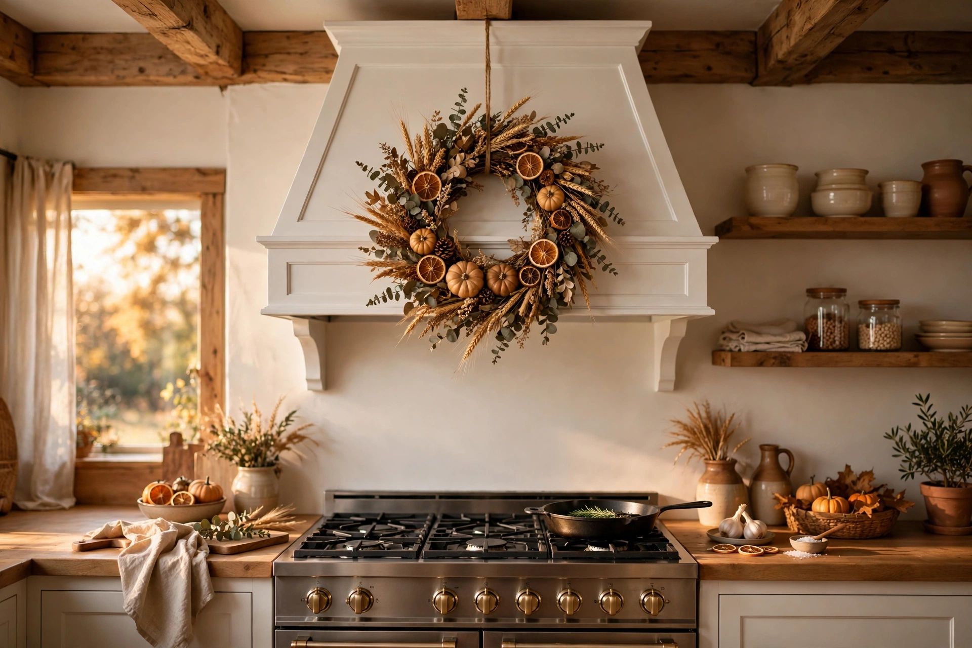 Fall kitchen decor ideas with a dried fall wreath hanging on a white range hood
