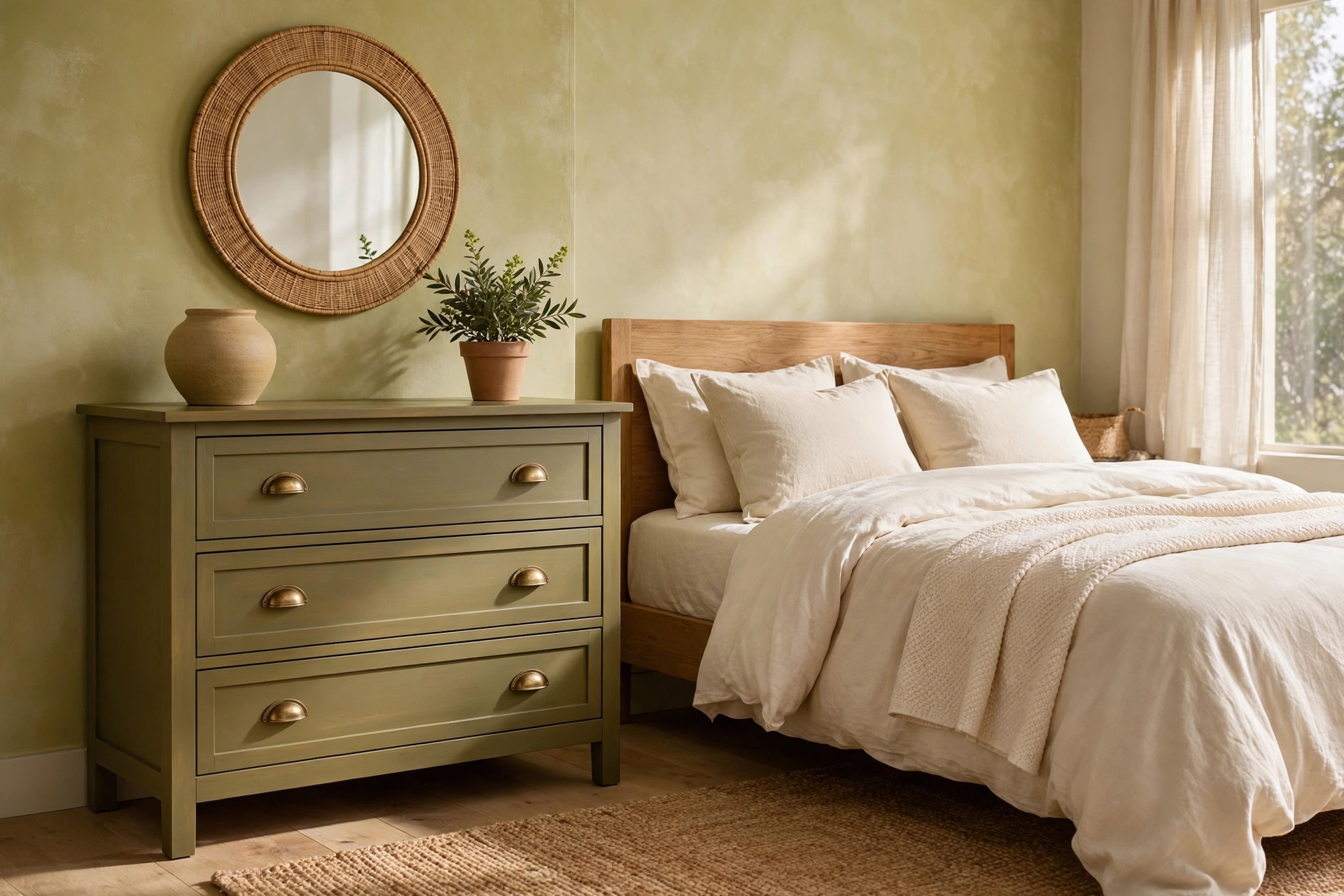 Earthy bedroom ideas: dresser painted warm olive green in an earthy bedroom