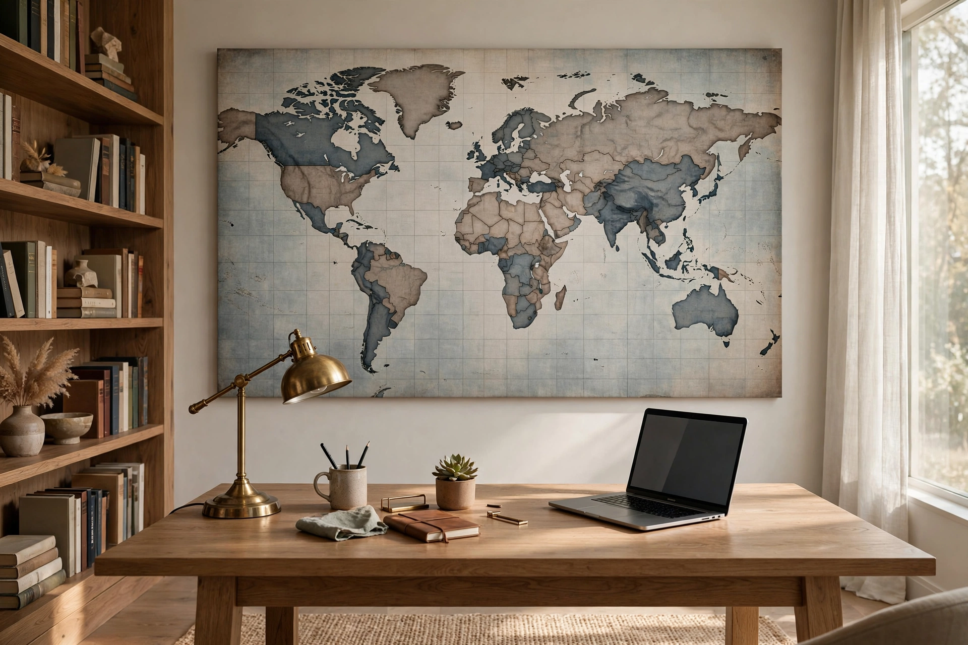 Huge world map print above a home office desk — oversized wall art ideas for workspaces