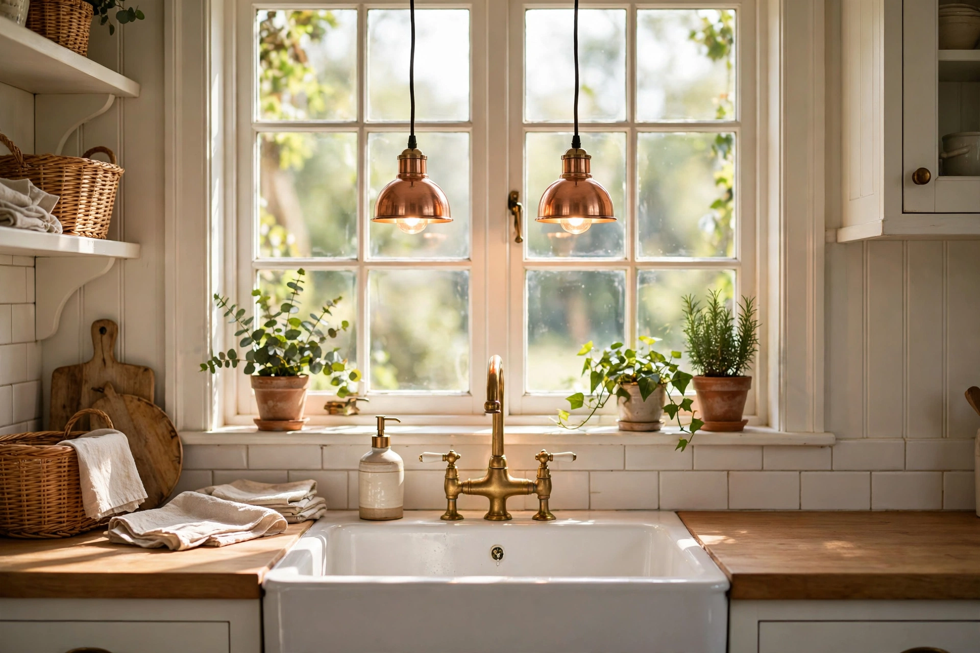 Kitchen pendant lighting ideas: small copper mini pendants hanging above a kitchen sink under a window