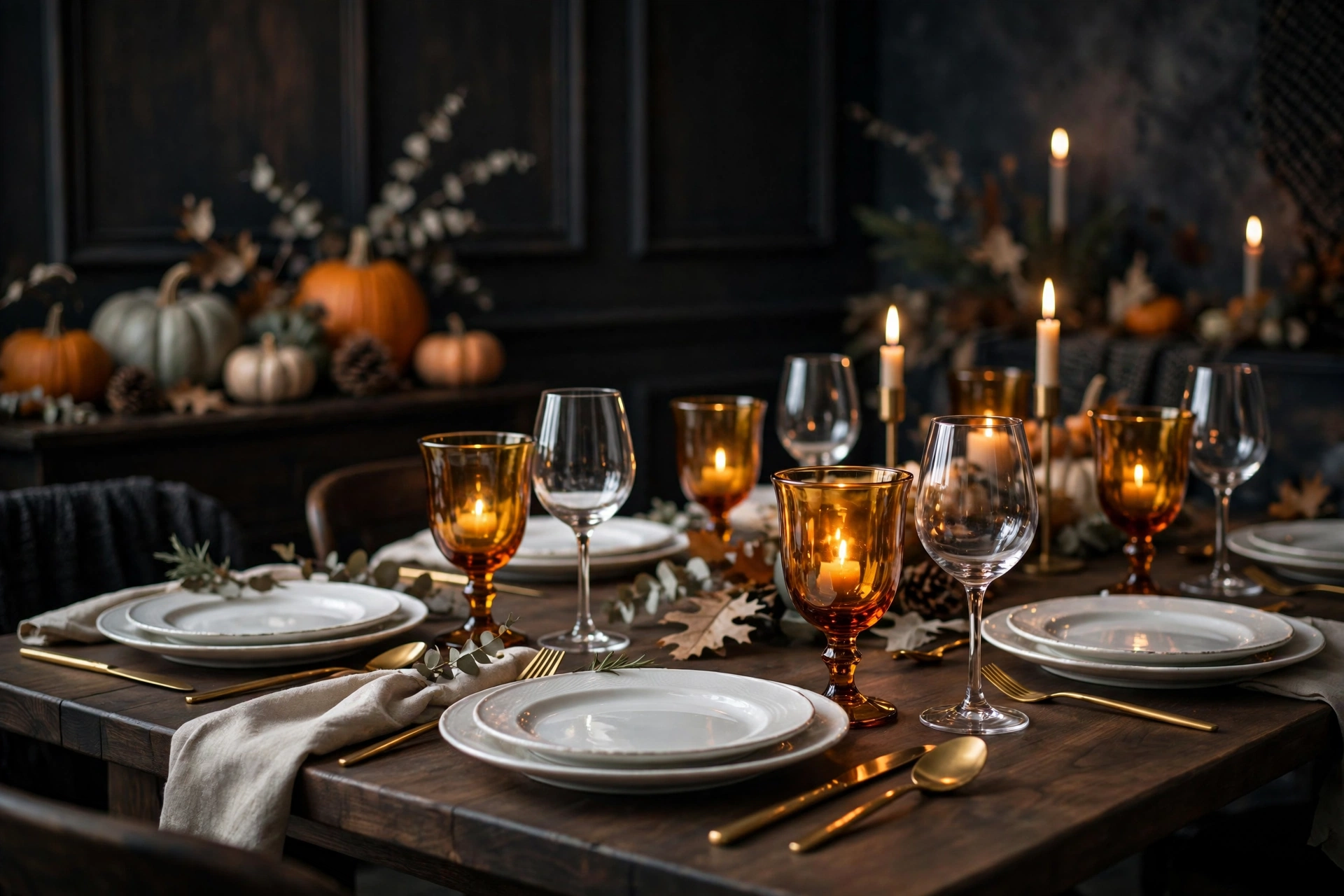 Glowing thanksgiving table decor ideas with amber glassware catching candlelight
