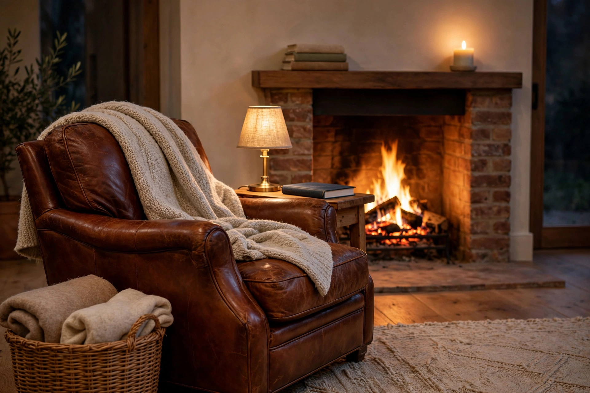 Reading nook ideas: leather armchair beside a fireplace with a mantel styled with books and a reading lamp