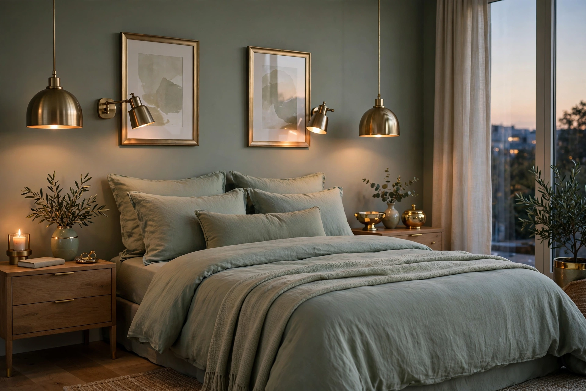 Sage green bedroom ideas with brass sconces and gold accents on sage walls