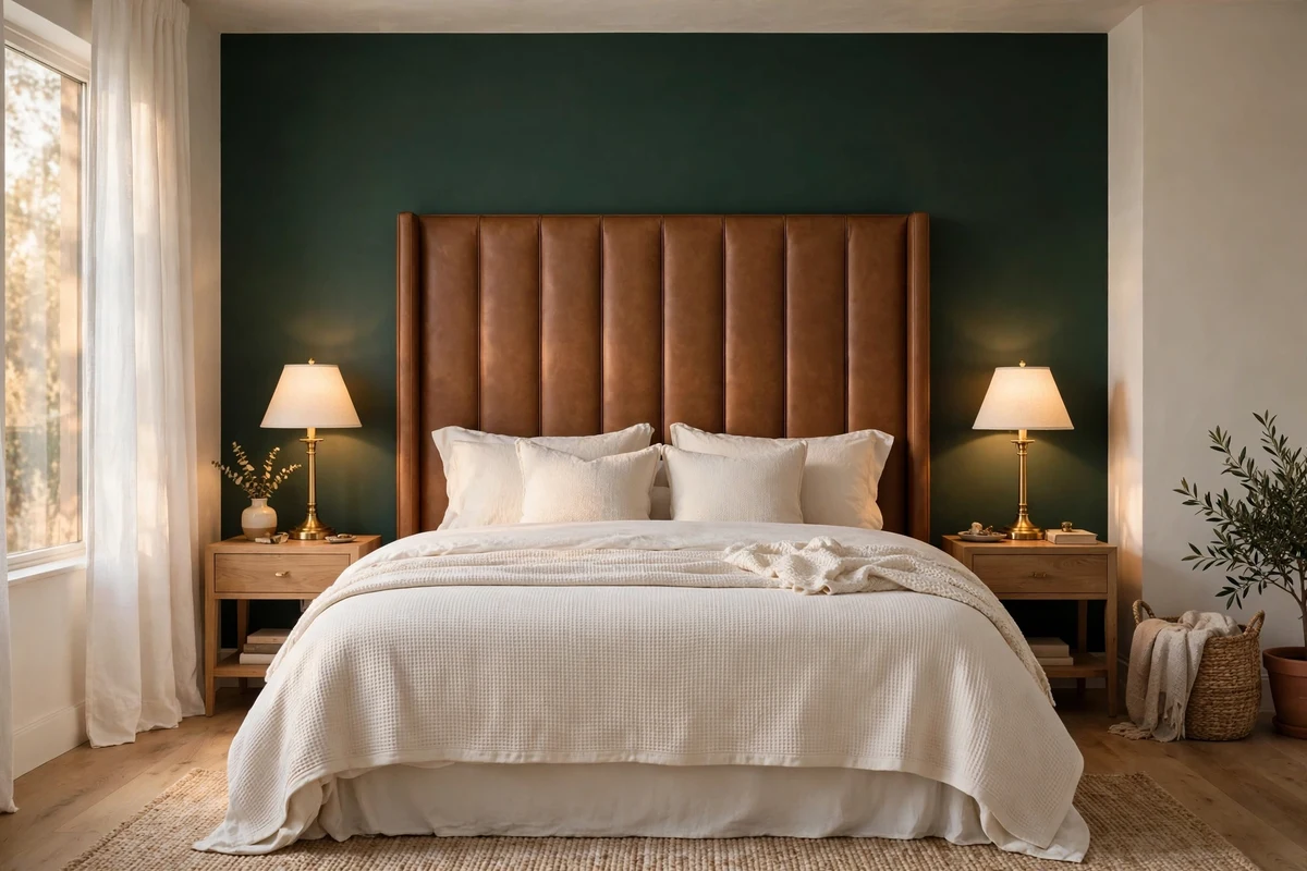 Caramel leather decor ideas: bedroom with a caramel leather upholstered headboard and cream bedding