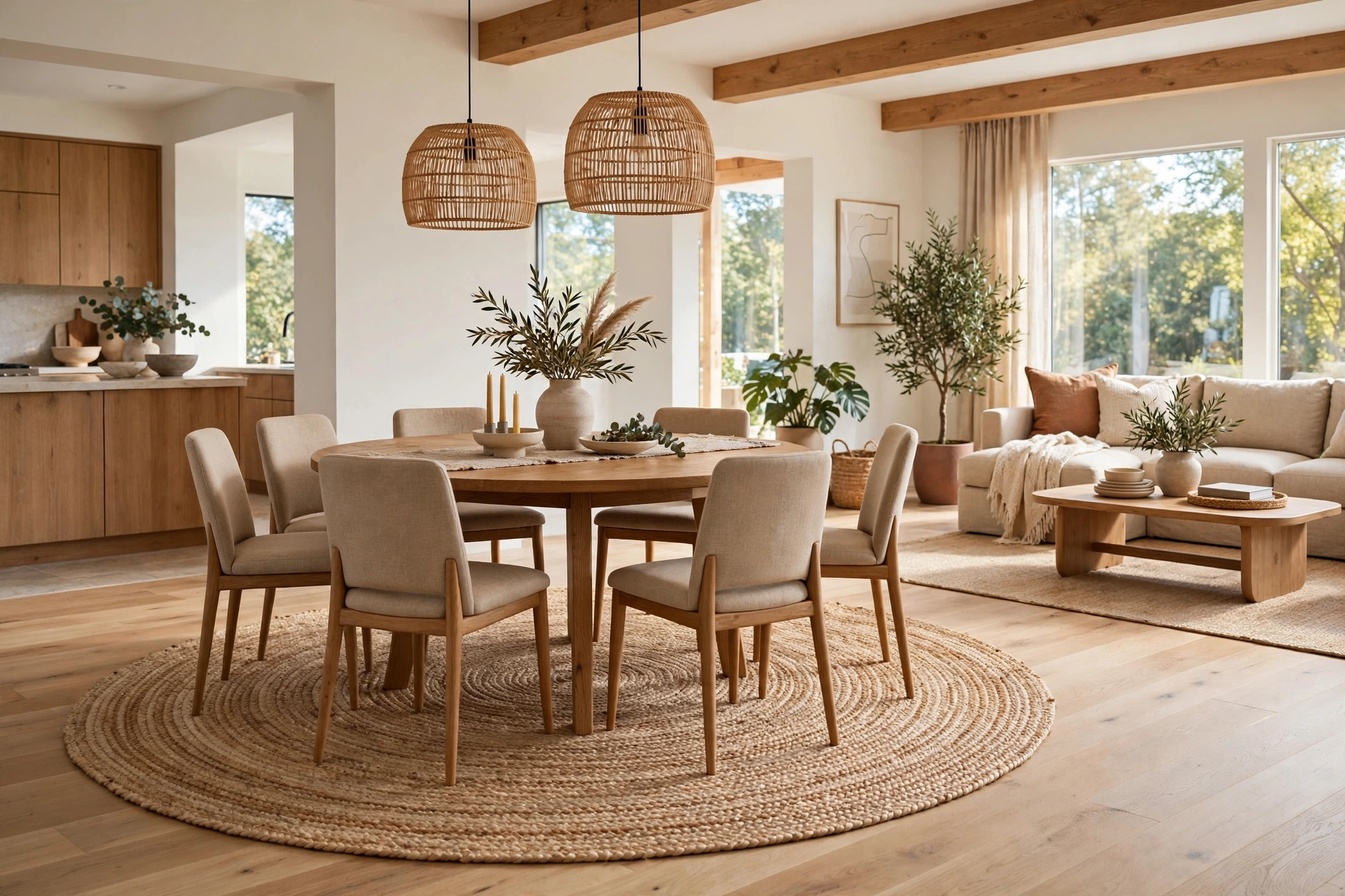 Area rug open floor plan ideas: round rug centered under a round dining table in an open-plan dining zone