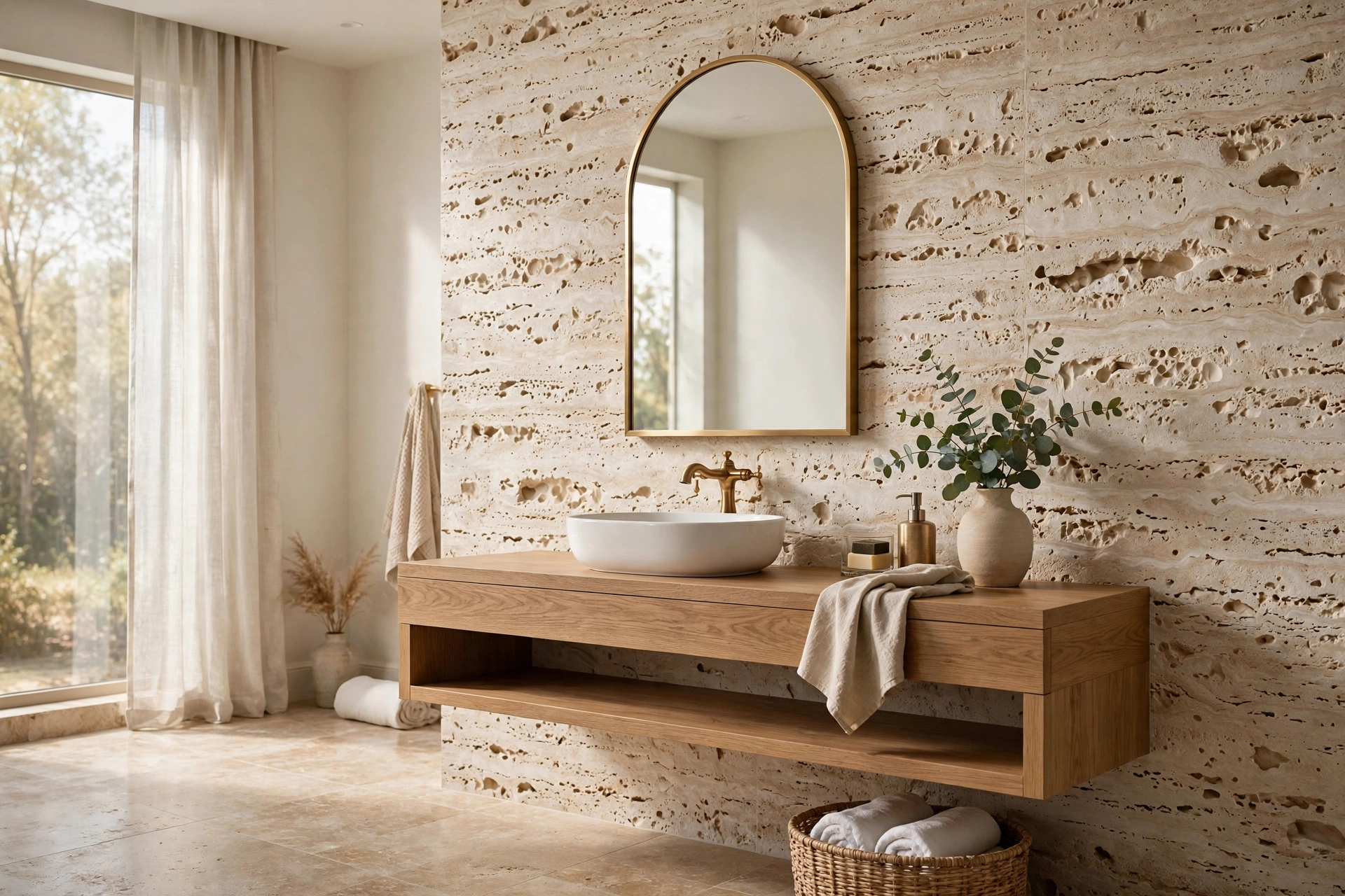textured wallpaper ideas: bathroom with faux travertine stone textured wallpaper showing pitted limestone texture in warm ivory behind a floating oak vanity