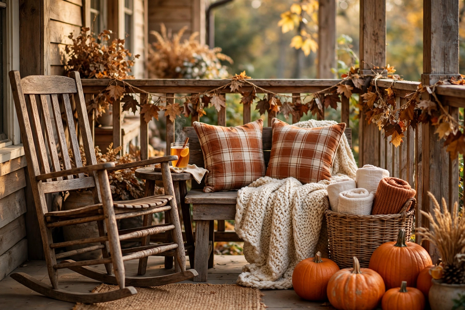 Fall front door decor ideas with a cozy porch sitting corner, rocking chair, plaid pillows and knit throw