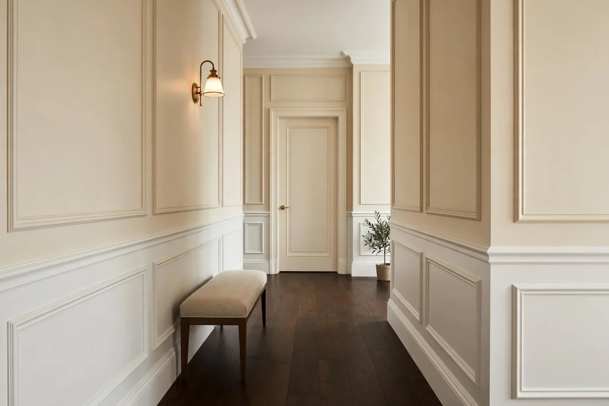 Narrow hallway decorating ideas: hallway with white wainscoting and chair rail adding subtle architecture