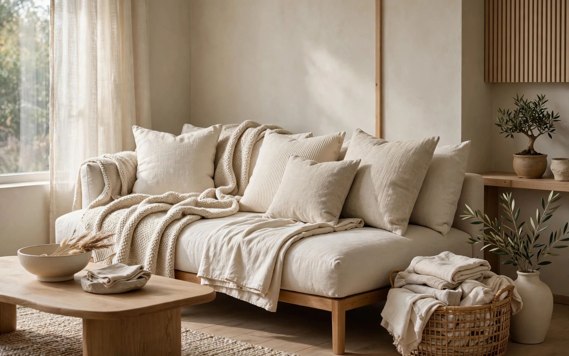 Linen cushions and a wool throw layered on a sofa in japandi living room ideas for natural texture