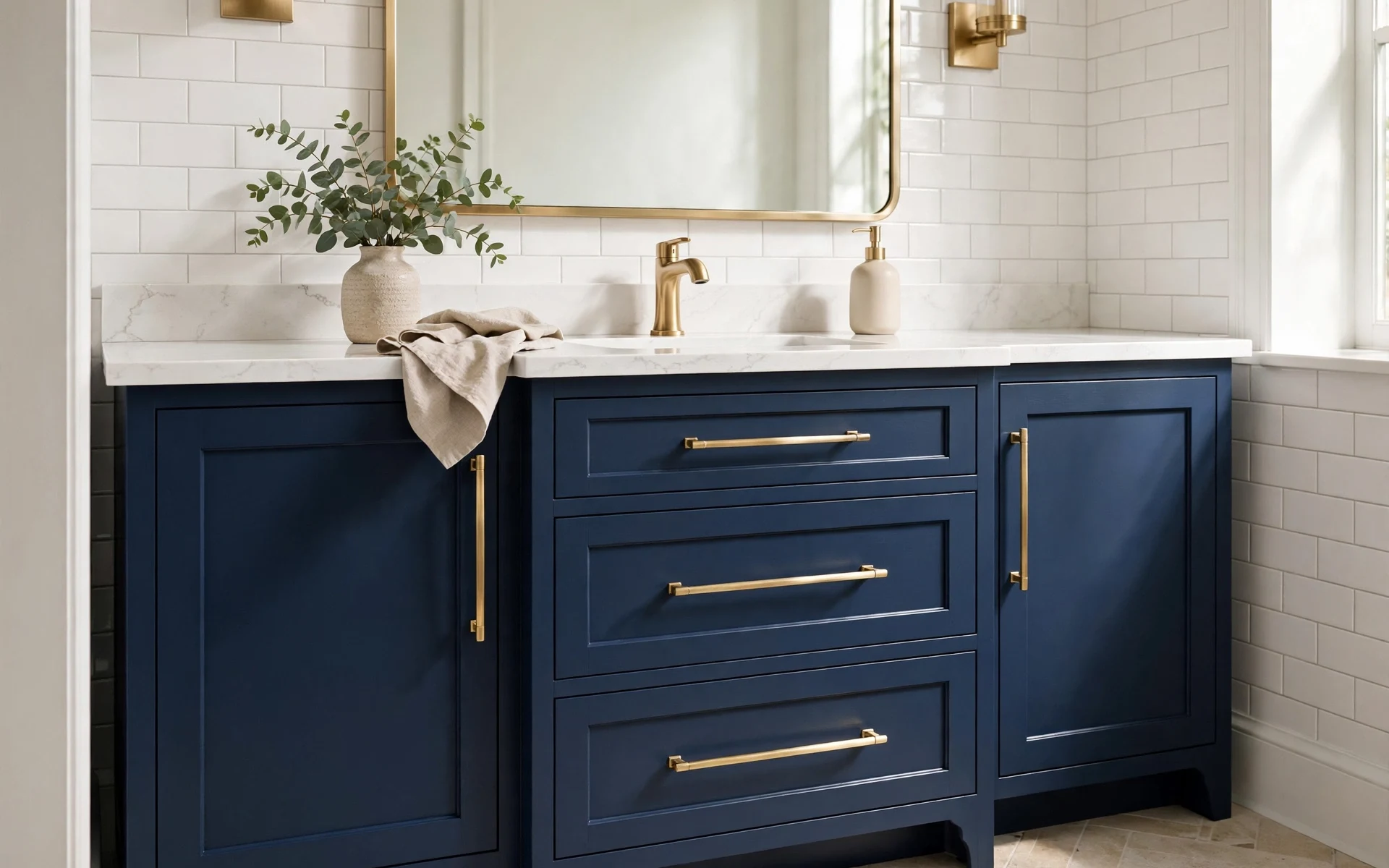 Gold bathroom fixtures ideas with gold cabinet pulls on a navy vanity