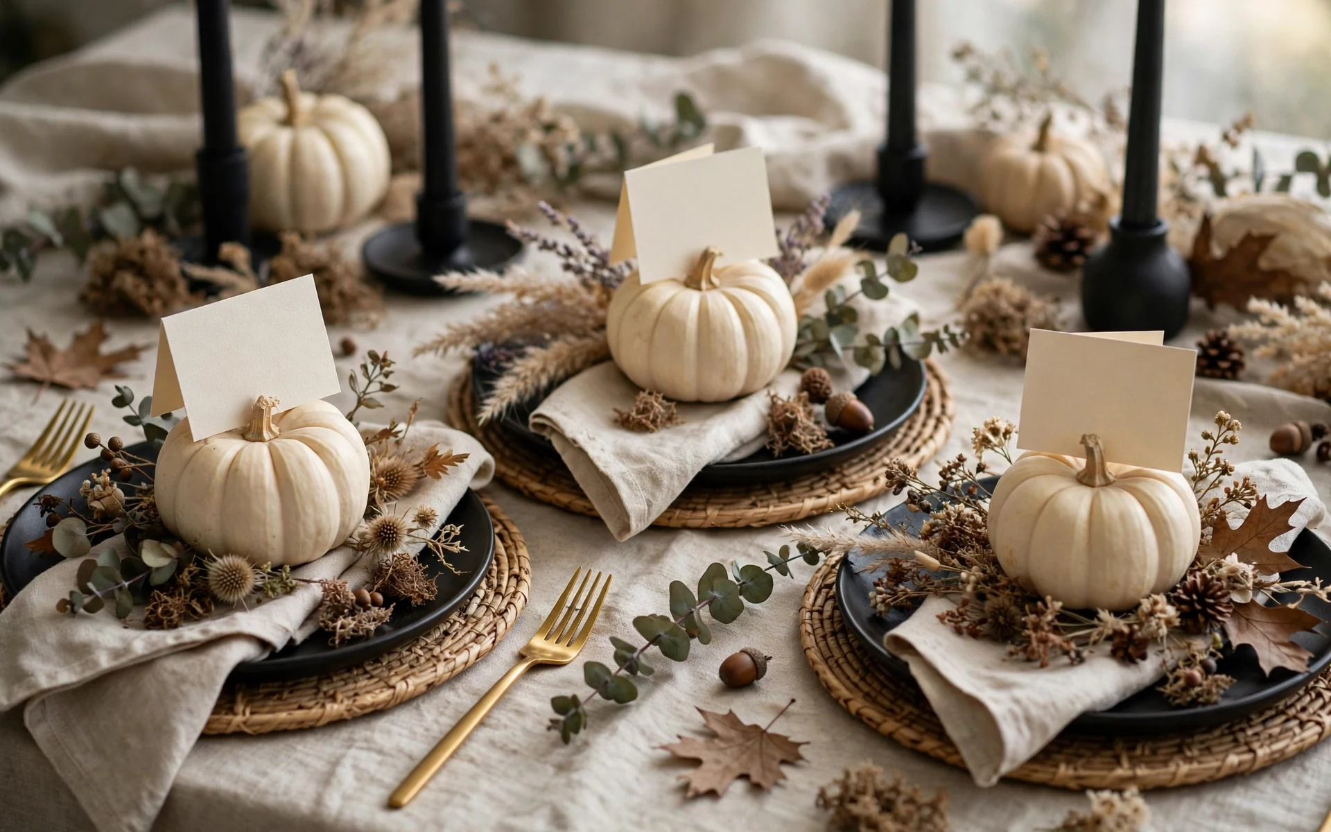 Mini pumpkin place markers halloween table setting ideas with handwritten name cards