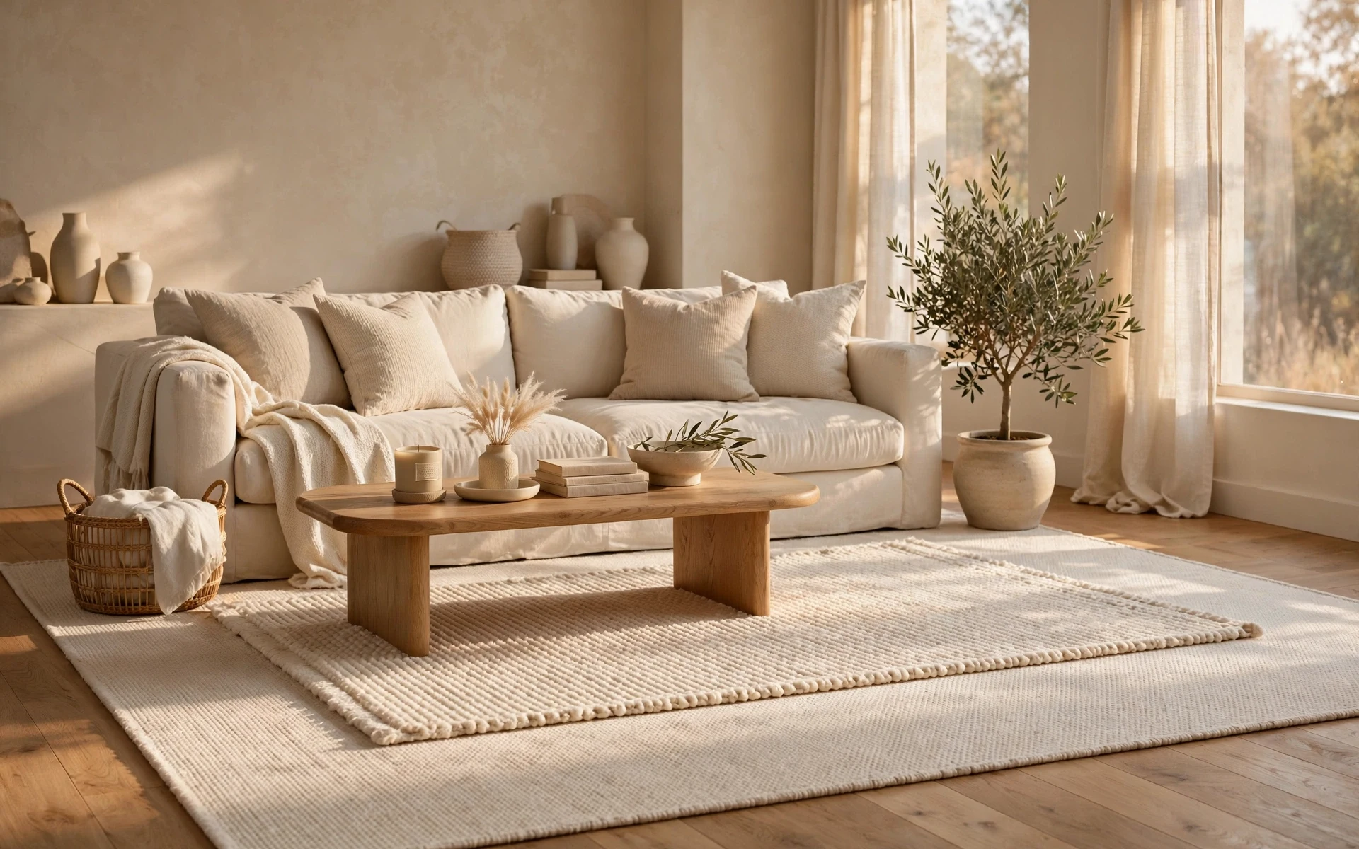 Tone-on-tone rug layering ideas in cream and ivory in a calm living room with a cream sofa