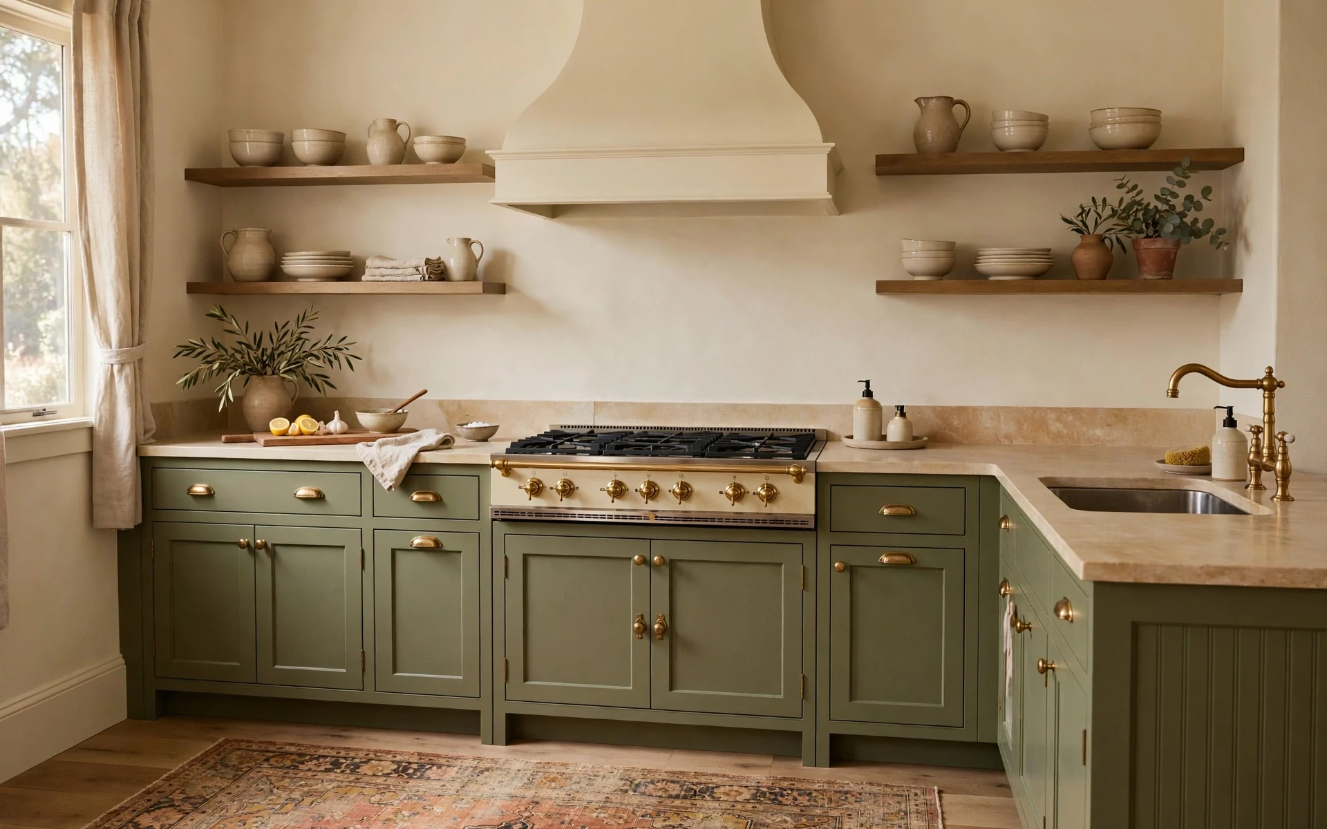 Soft traditional olive green kitchen ideas with cream walls, hood and olive cabinets
