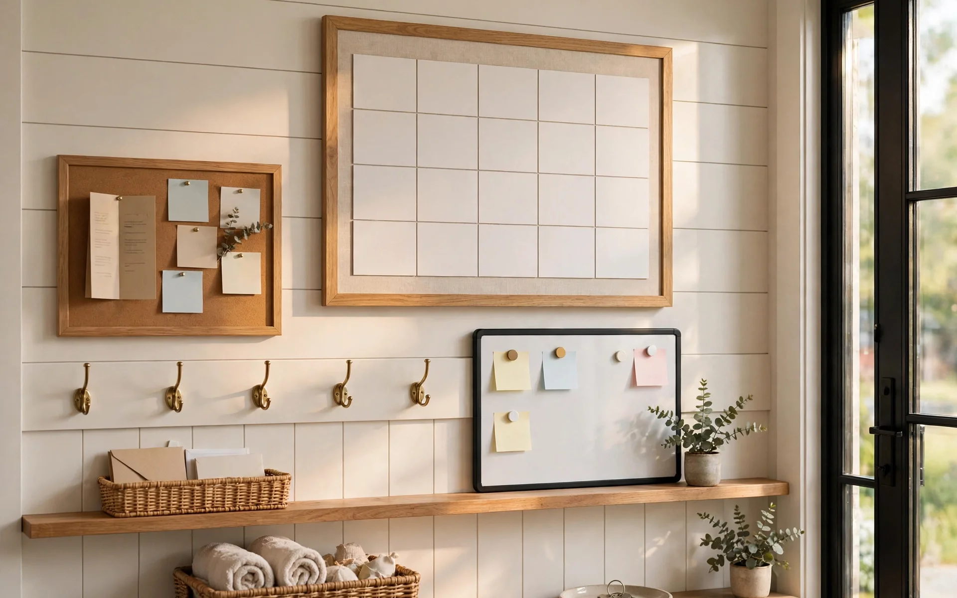 Family command center wall with calendar, bulletin board and key hooks in a mudroom, smart mudroom ideas