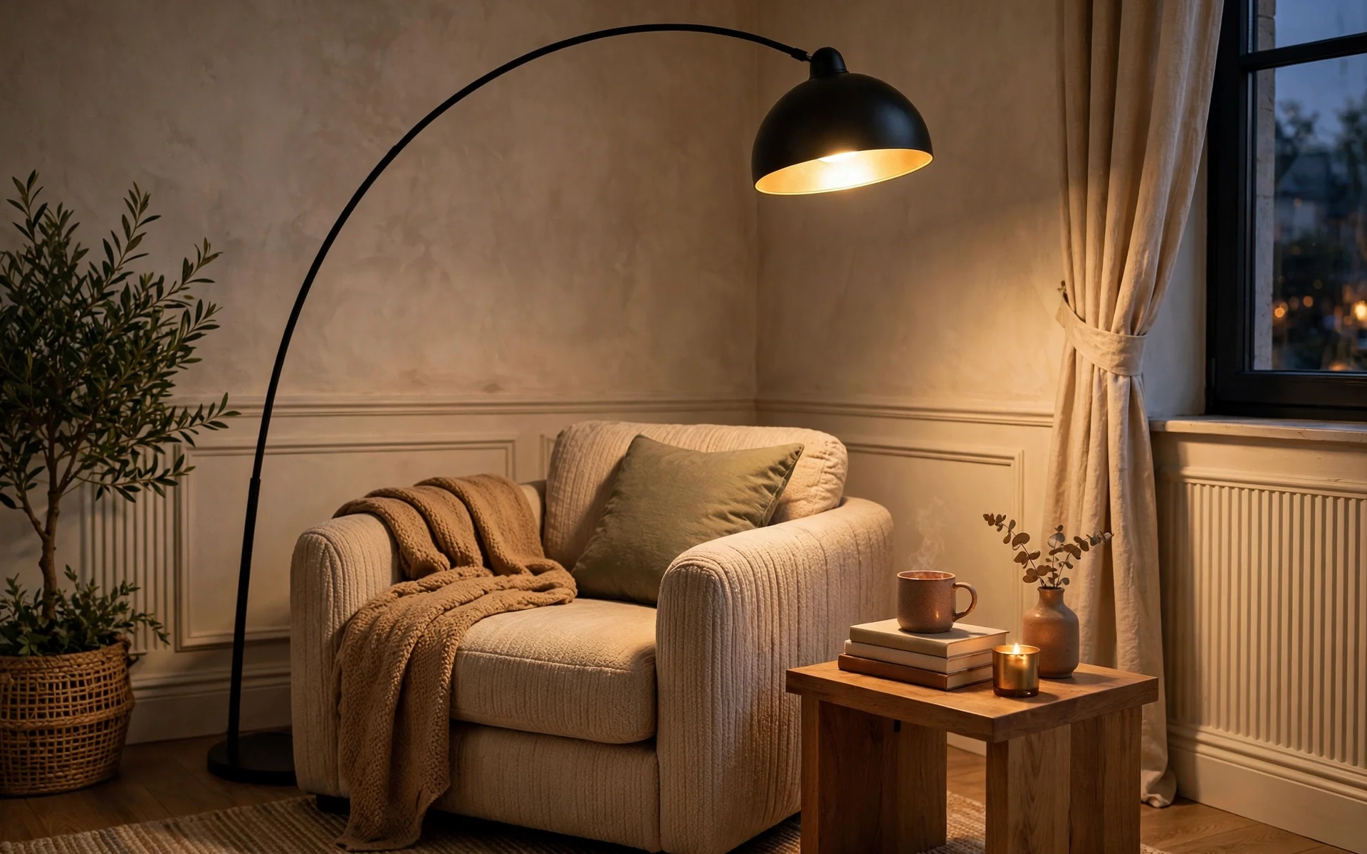 Arc floor lamp statement lighting ideas with a black arc lamp curving over a reading armchair