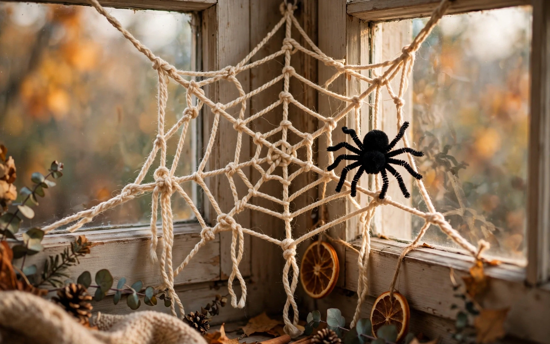 Handmade yarn spider web with a pom-pom spider as diy halloween decor ideas in a window corner