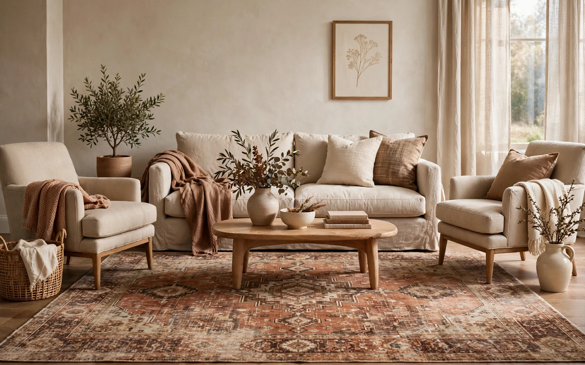 Patterned vintage-look rug grounding beige living room ideas with sofa and chairs placed on it