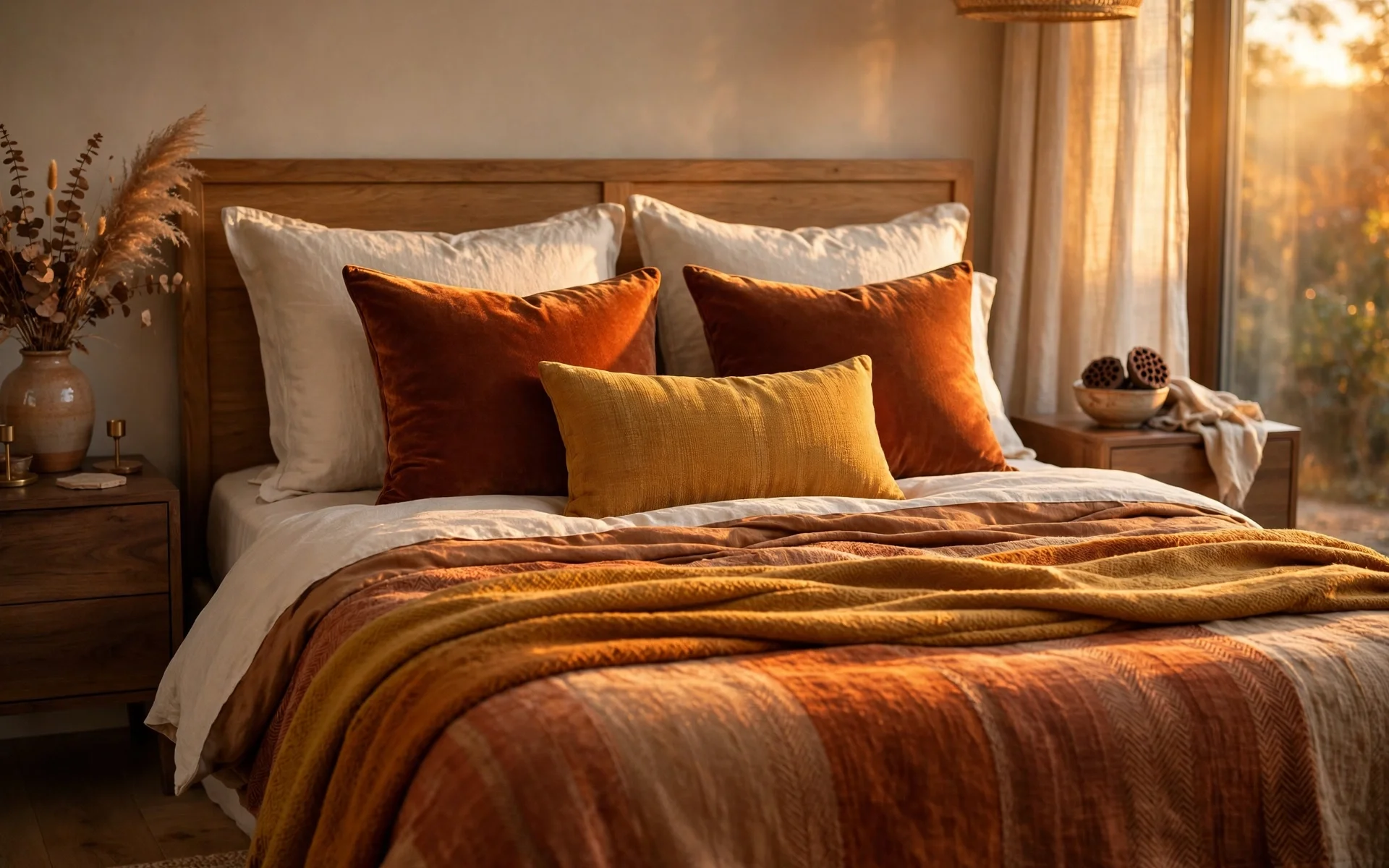 Warm minimalist bedroom ideas with a large natural jute rug under the bed