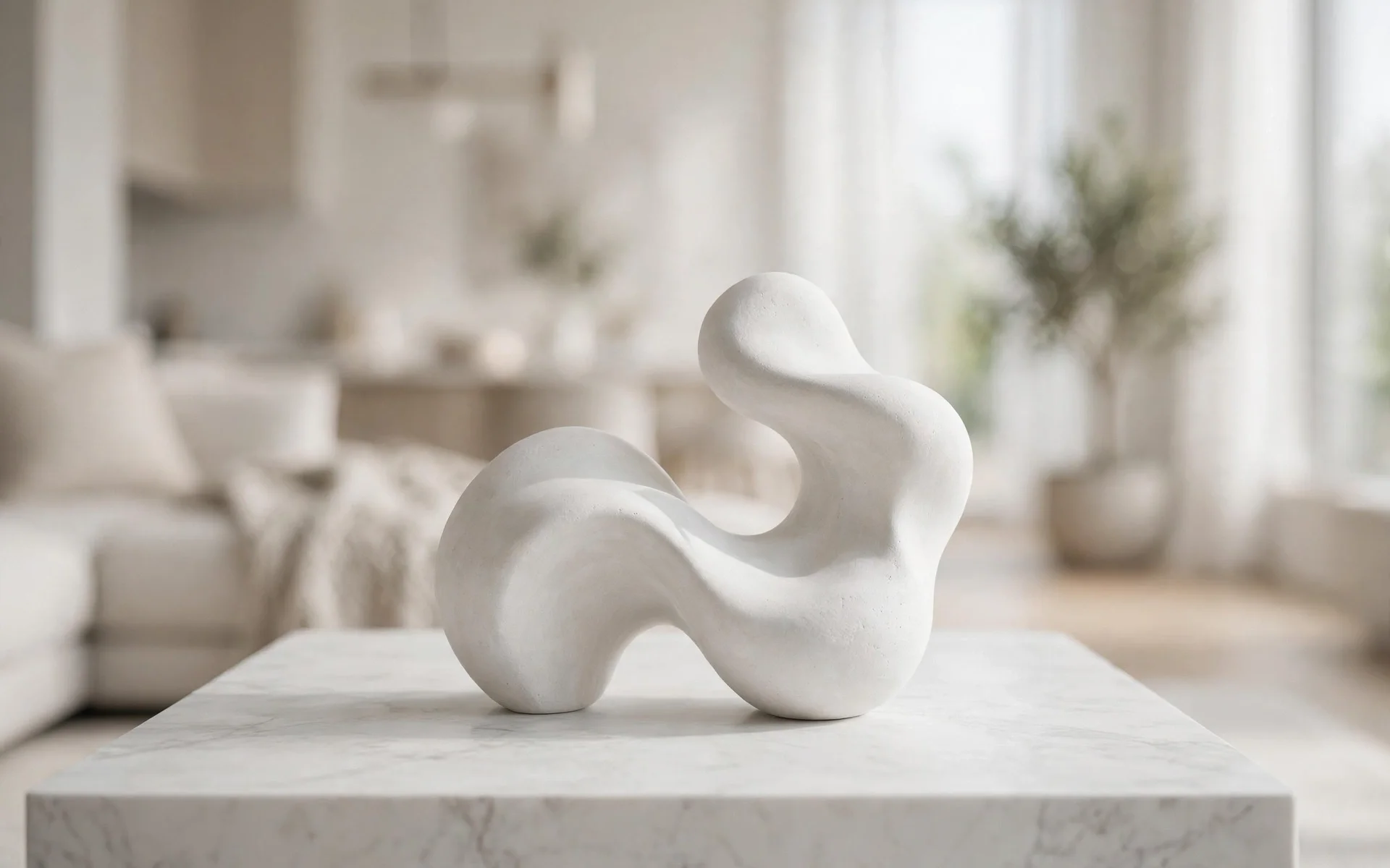 Marble coffee table ideas with an abstract white stone sculpture centerpiece