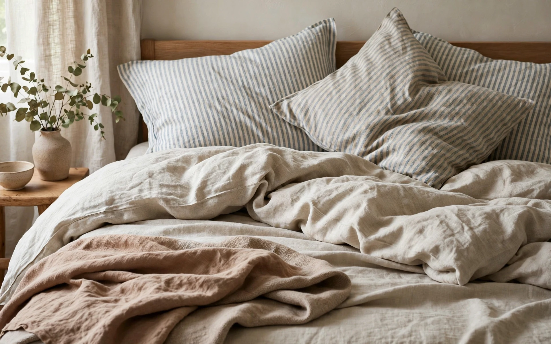Mixed linen bedding ideas with striped linen pillowcases and a plain natural linen duvet cover