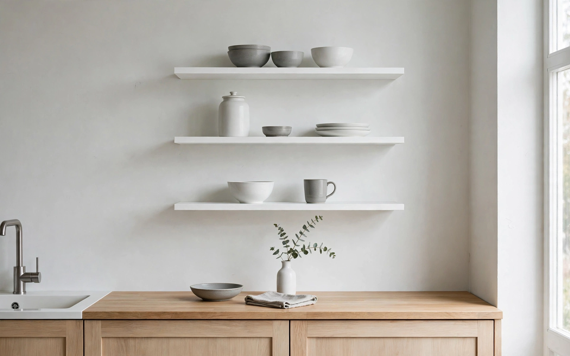 Open shelf kitchen ideas with minimalist all-white Scandinavian shelving and monochrome ceramics