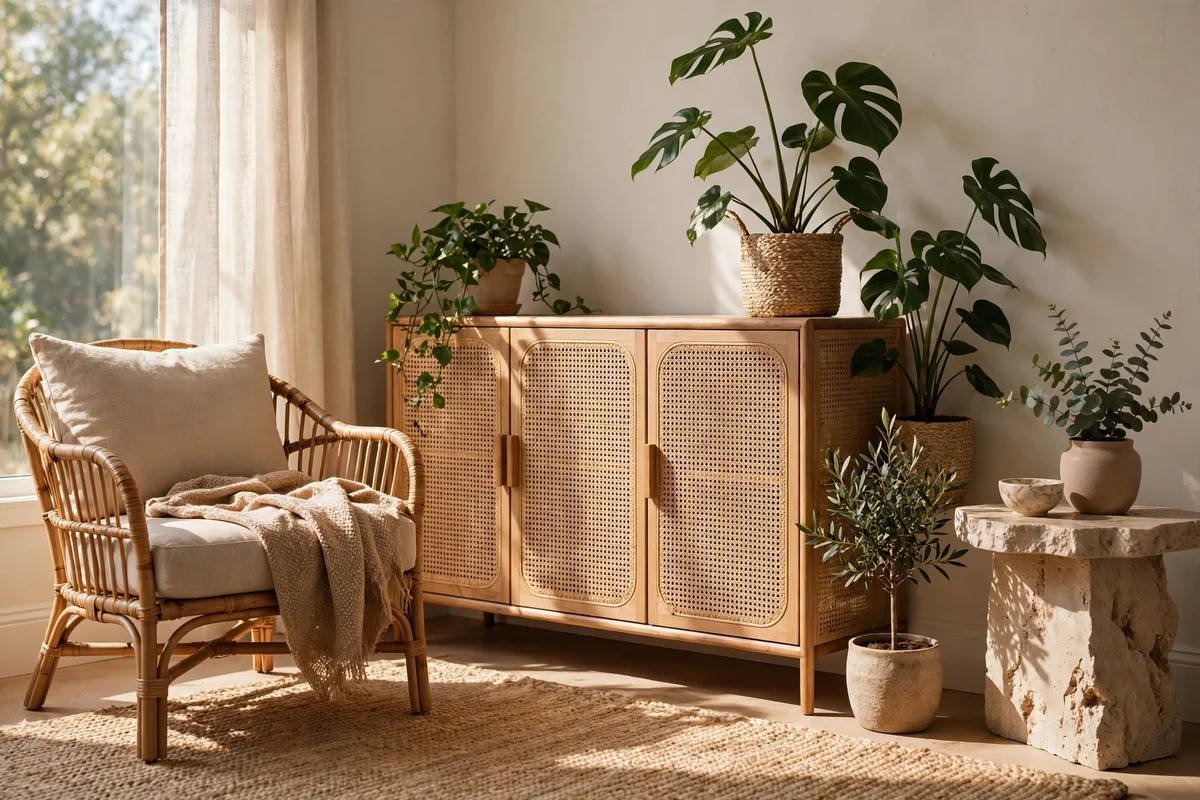 Biophilic decor ideas — a rattan armchair, jute rug, and cane details in a sunlit natural-material room