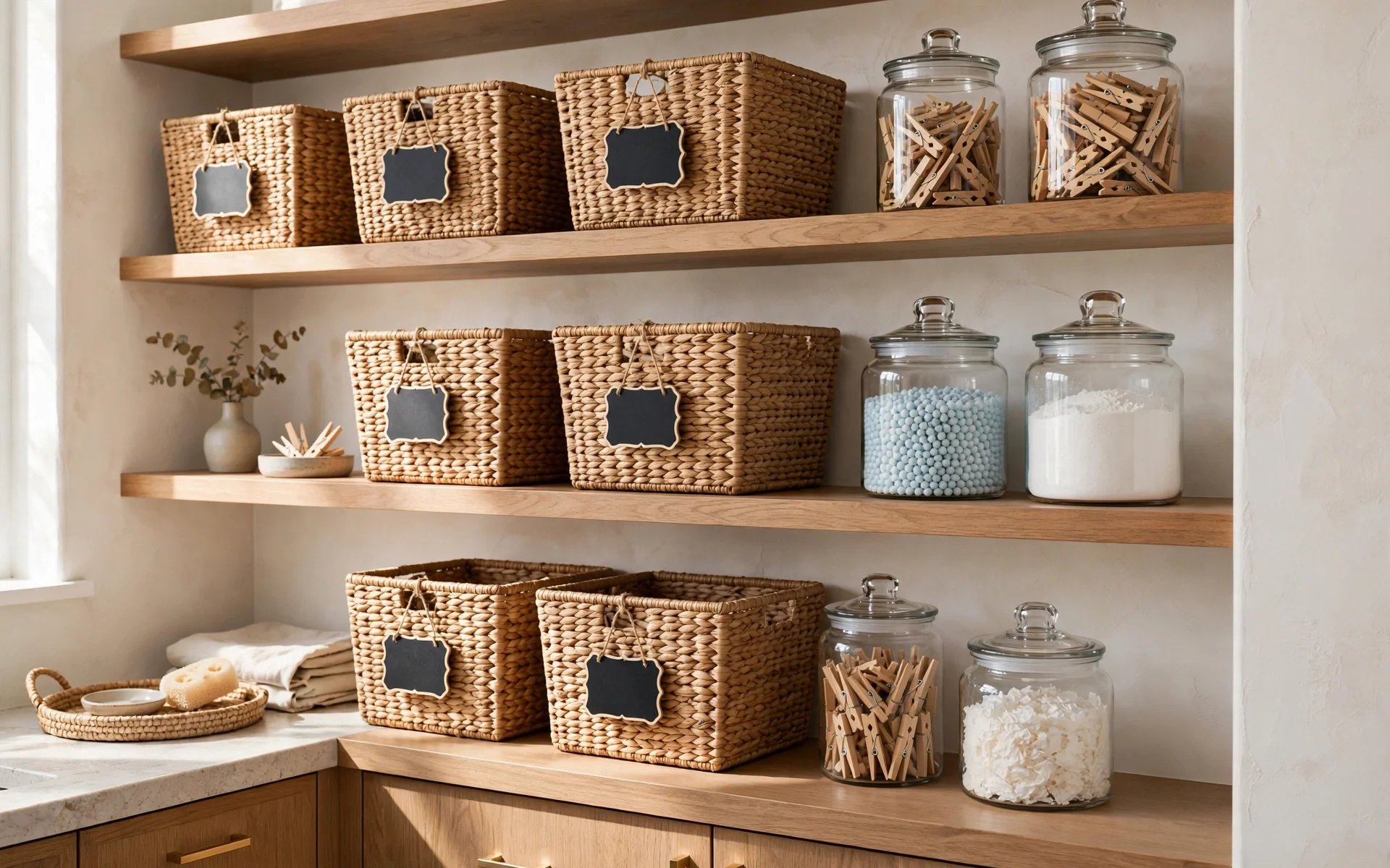 Open shelving with labeled woven baskets and glass jars, organized small laundry room ideas