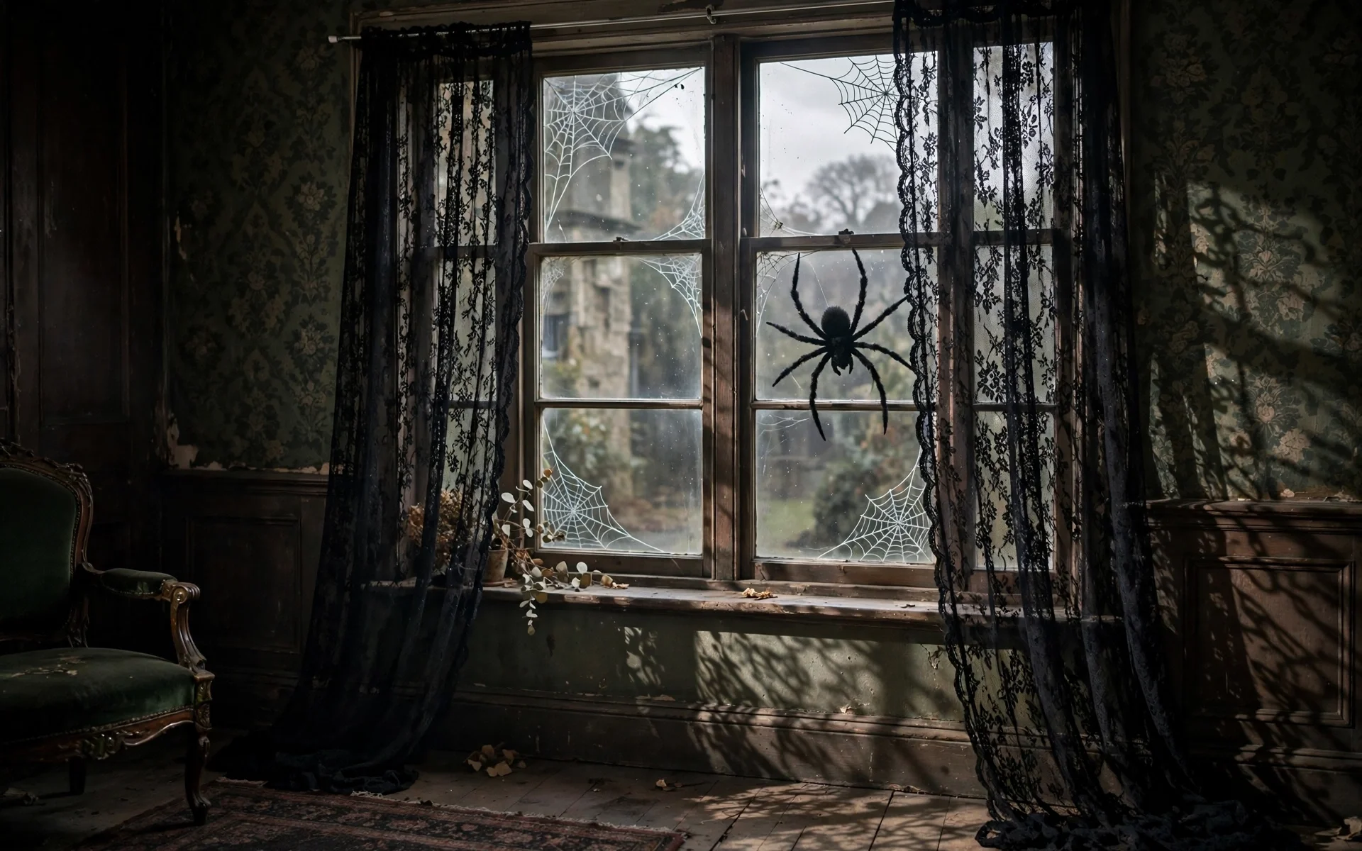 Moody halloween window decor ideas with black lace curtain panels and spiderweb clings on the window
