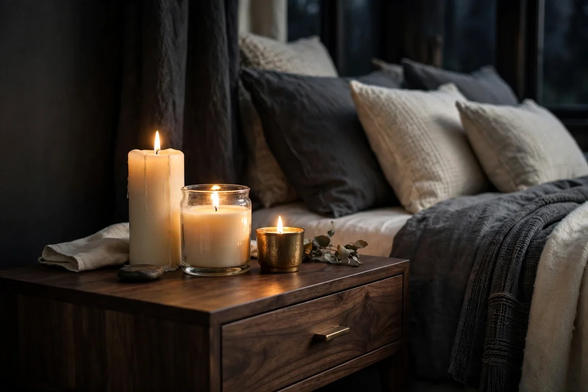 Bedside table styling ideas with a cluster of three lit candles in varying heights