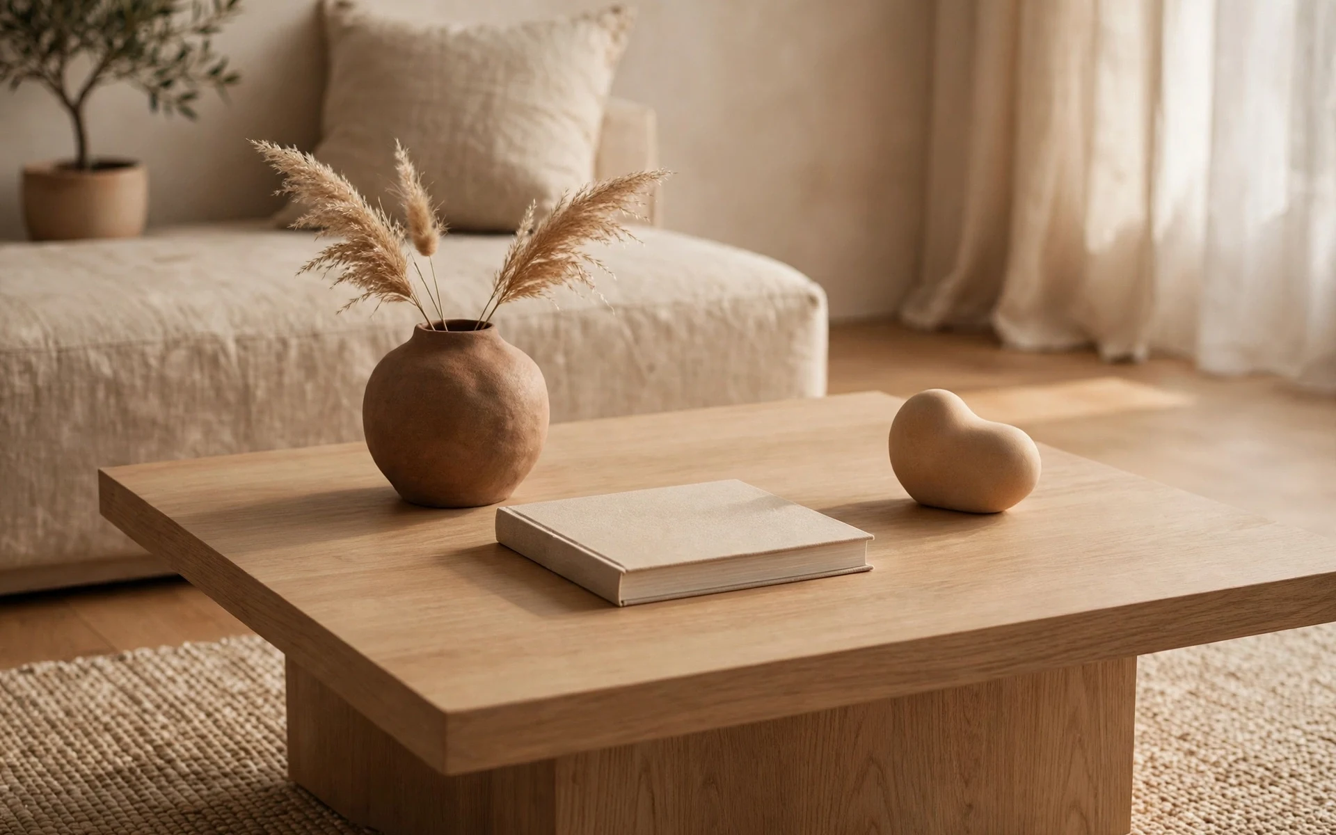 Minimal coffee table styling ideas with a low ceramic vase, one book and a sculptural object