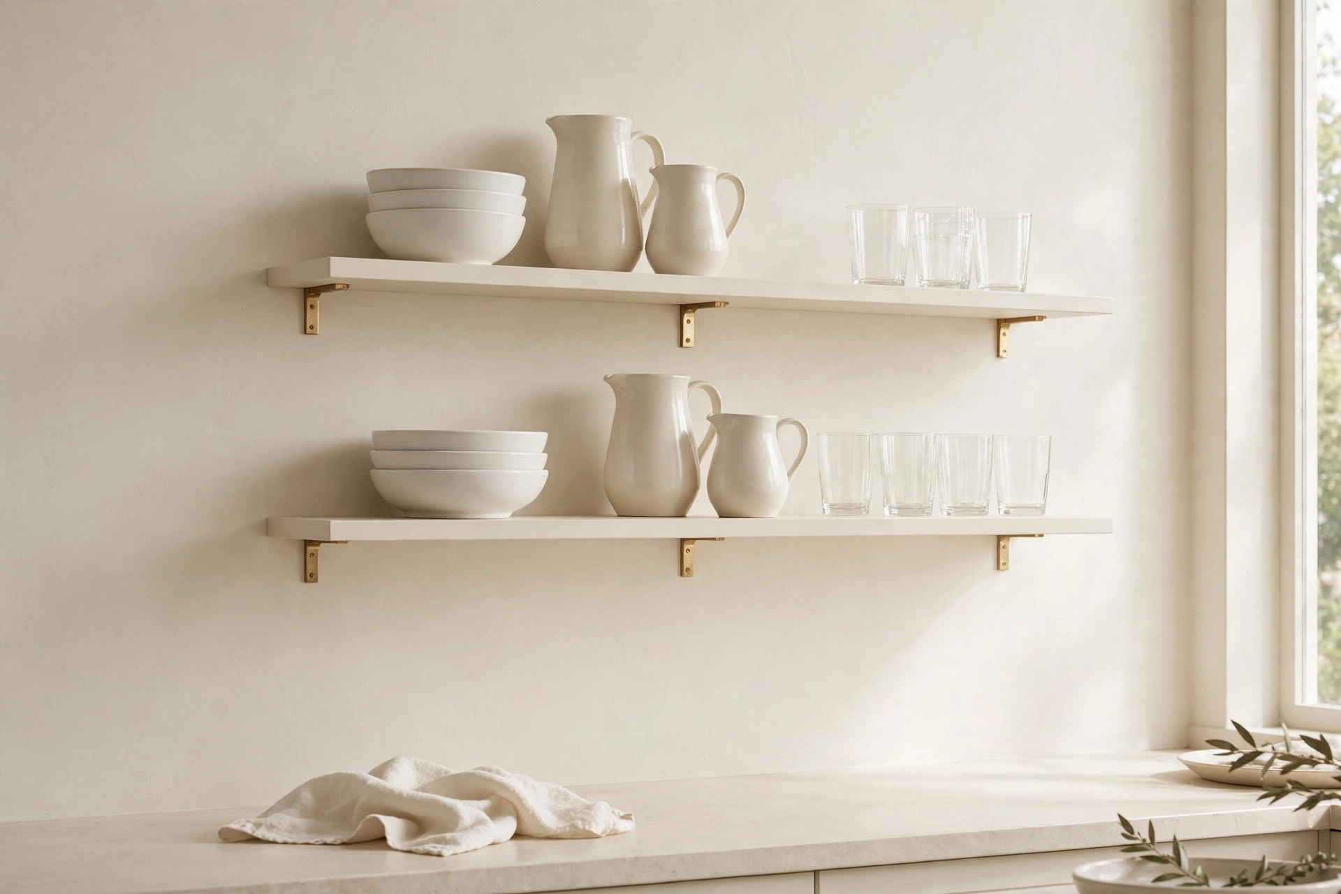 Cream kitchen ideas: cream open shelves styled with stacked cream and white dishes