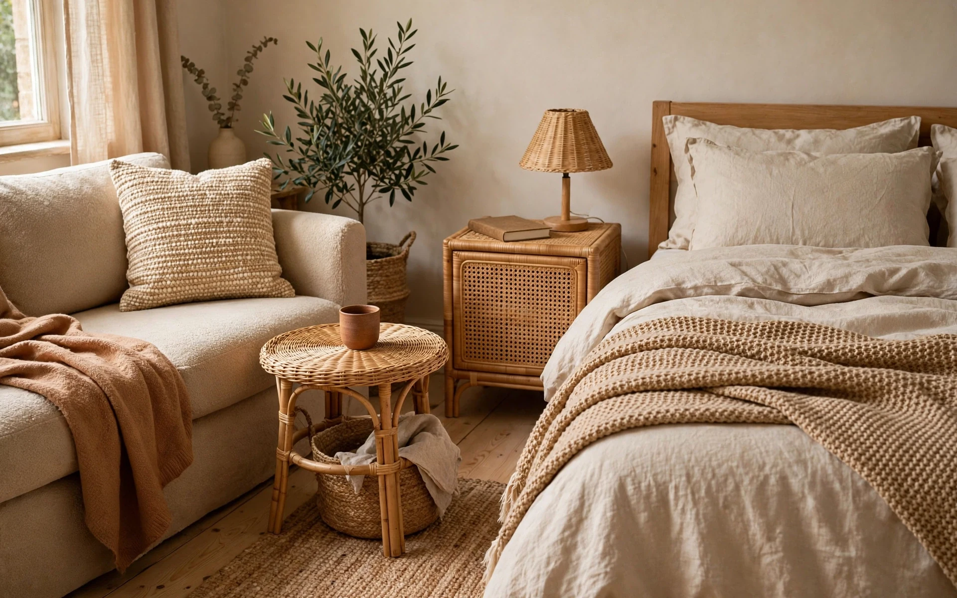 Rattan decor ideas for side tables and nightstands with a lamp, book and ceramic cup