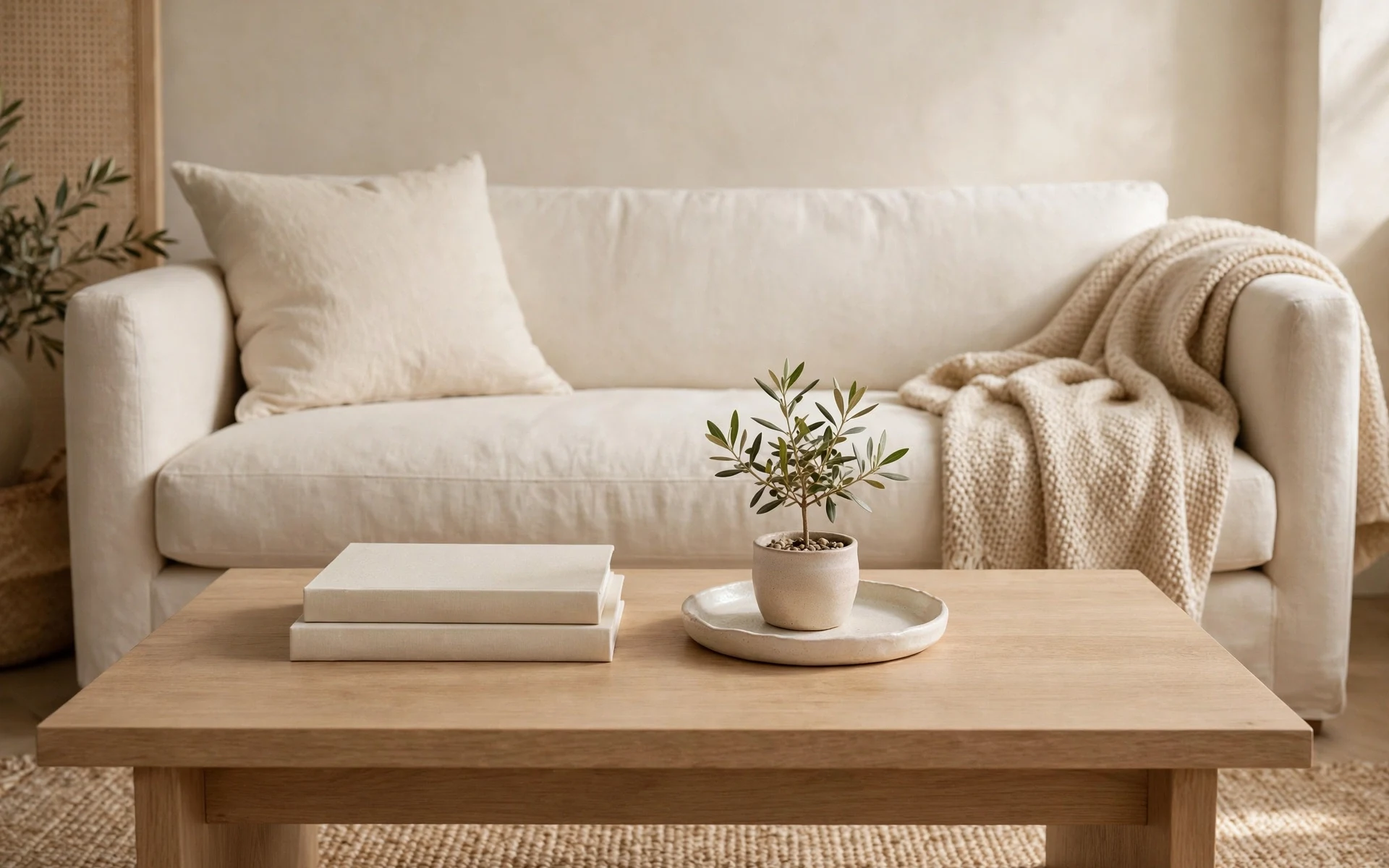 Cream sofa styling ideas with a low styled coffee table of books tray and a small plant