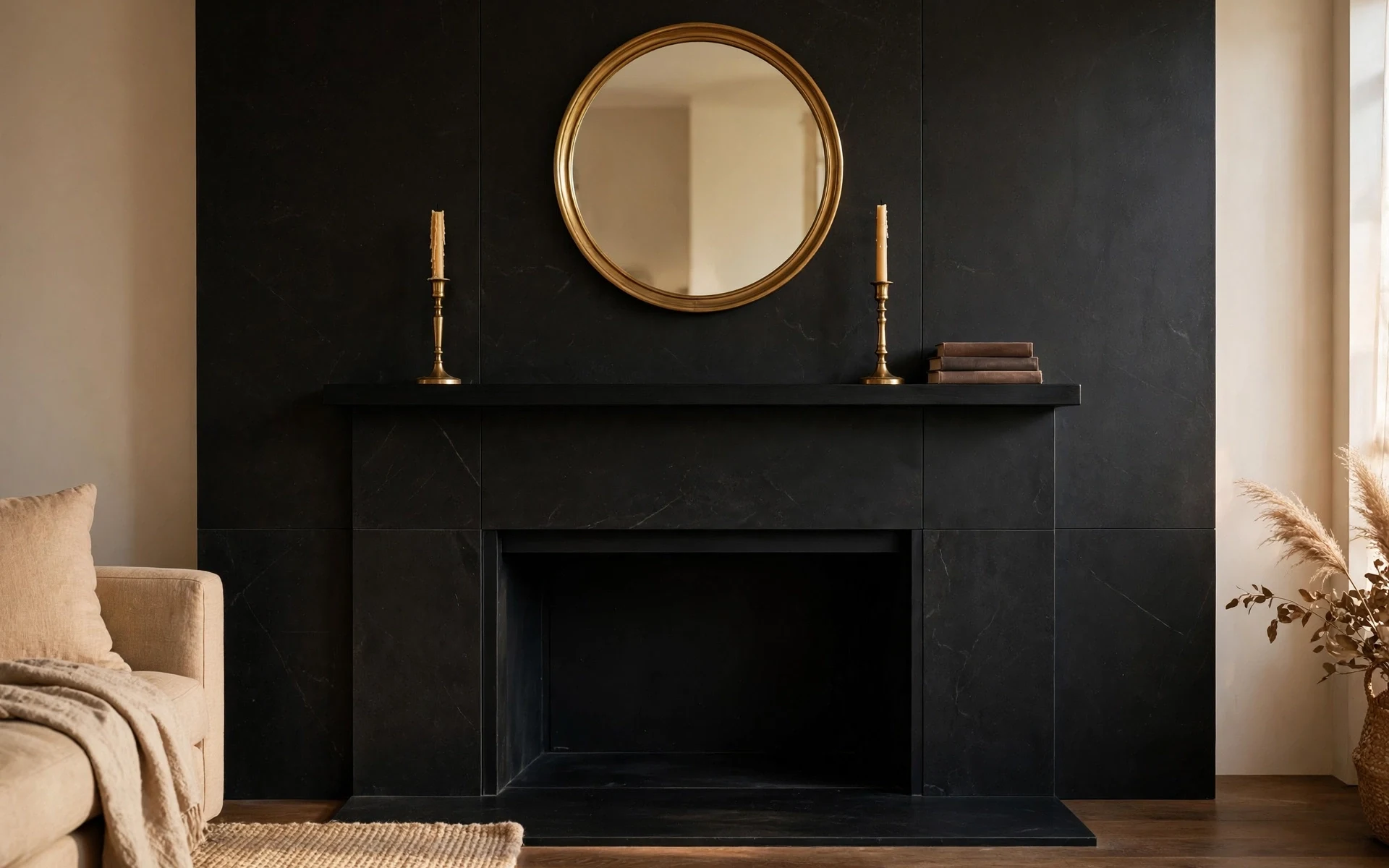 Black accent wall ideas with a floor-to-ceiling black fireplace wall and brass mirror