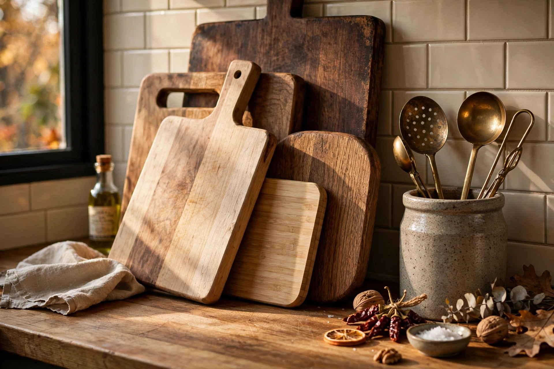 Fall kitchen decor ideas with layered wooden cutting boards and brass utensils on a counter